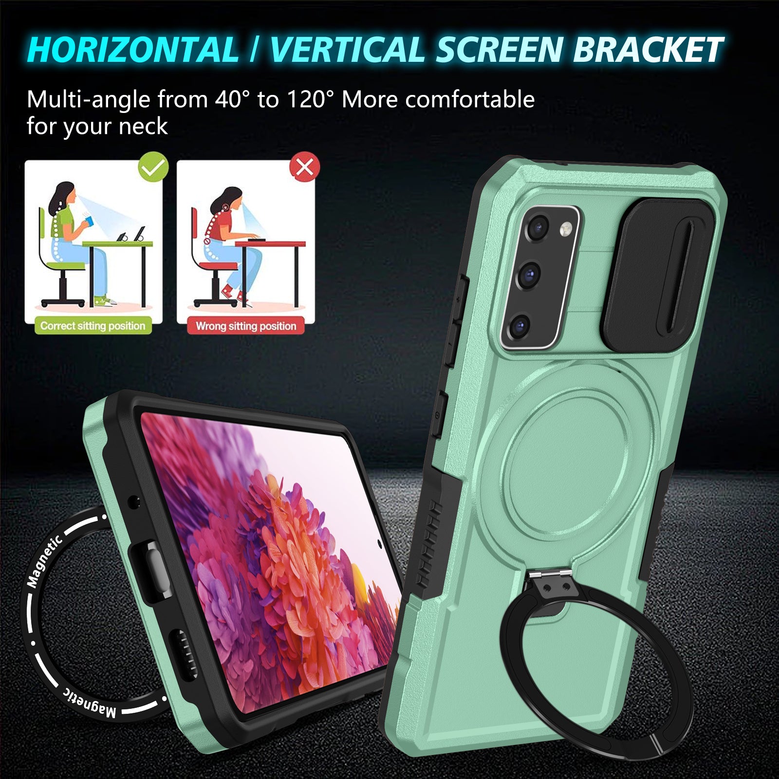 For Samsung Galaxy S20 FE 4G / FE 5G / S20 Lite / S20 FE 2022 Magnetic Case PC+TPU Phone Shell with Slide Camera Lid - Light Green