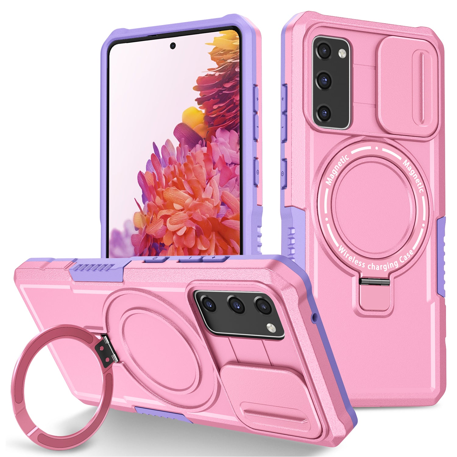 For Samsung Galaxy S20 FE 4G / FE 5G / S20 Lite / S20 FE 2022 Magnetic Case PC+TPU Phone Shell with Slide Camera Lid - Purple  /  Pink