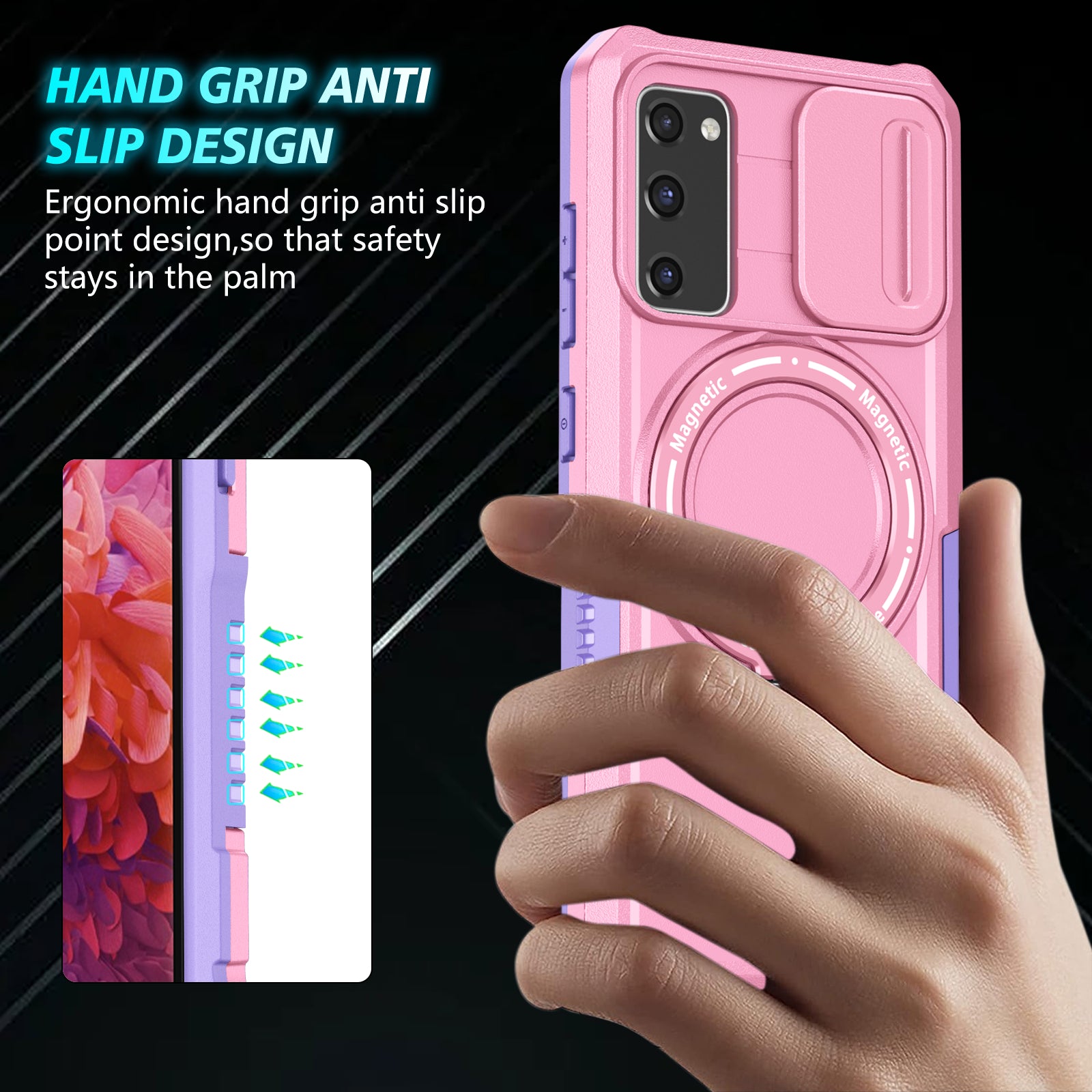 For Samsung Galaxy S20 FE 4G / FE 5G / S20 Lite / S20 FE 2022 Magnetic Case PC+TPU Phone Shell with Slide Camera Lid - Purple  /  Pink