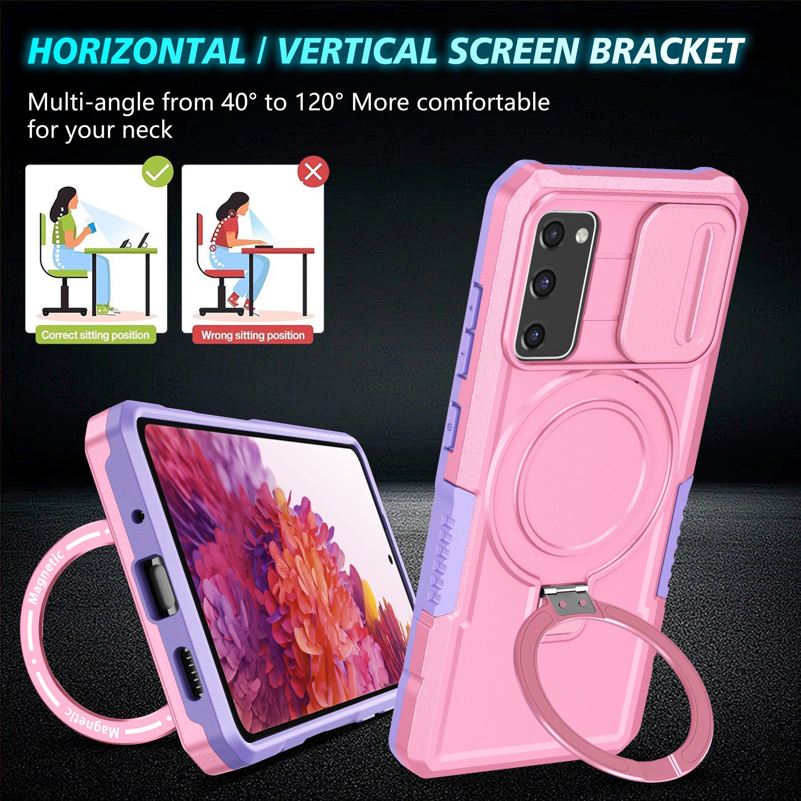 For Samsung Galaxy S20 FE 4G / FE 5G / S20 Lite / S20 FE 2022 Magnetic Case PC+TPU Phone Shell with Slide Camera Lid - Purple  /  Pink