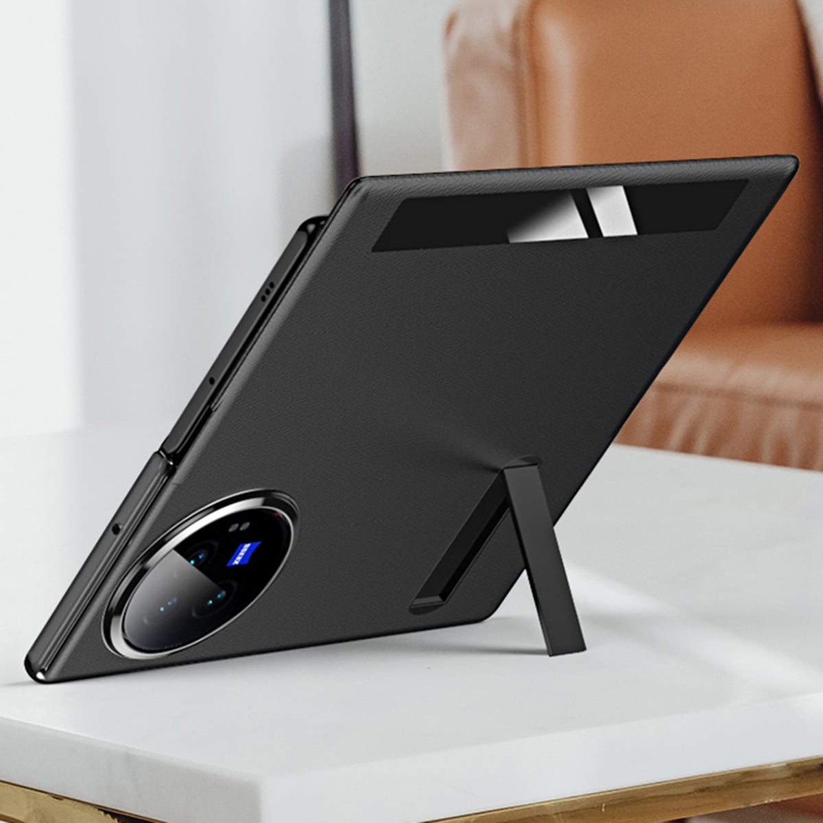 For vivo X Fold3 Magnetic Phone Case View Window PU Leather+PC Cover with Hidden Kickstand - Black