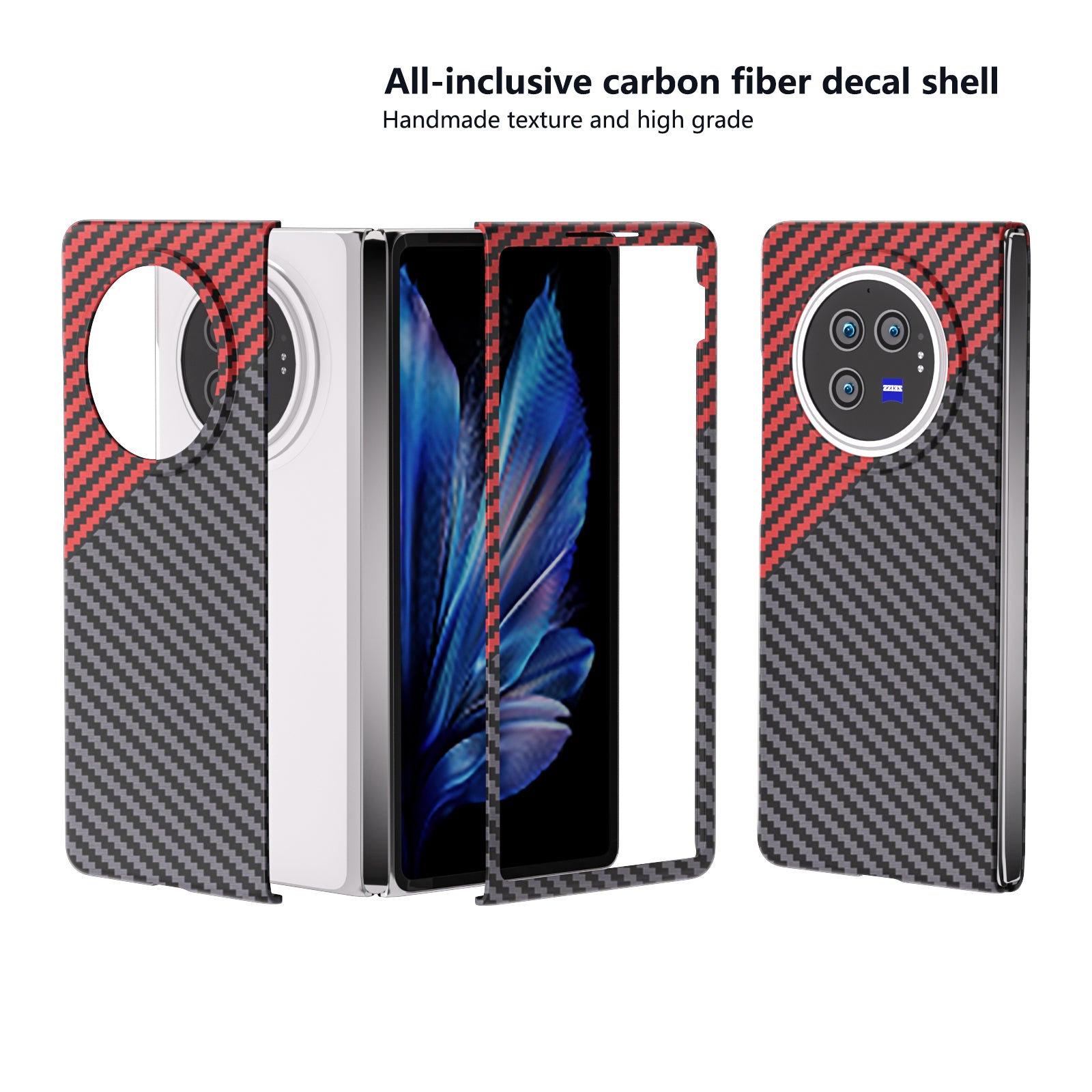 For vivo X Fold3 Shockproof Case Hard PC Carbon Fiber Texture Smart Phone Cover - Red+Black