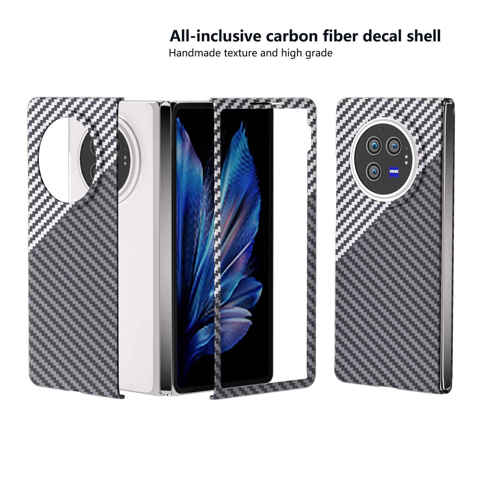 For vivo X Fold3 Shockproof Case Hard PC Carbon Fiber Texture Smart Phone Cover - White+Black