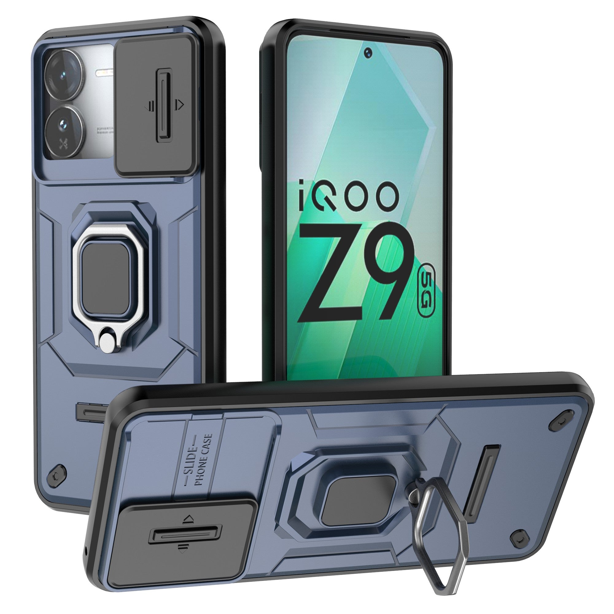 For vivo iQOO Z9 5G Camera Protection Case Kickstand Shockproof Rugged PC+TPU Phone Cover - Blue