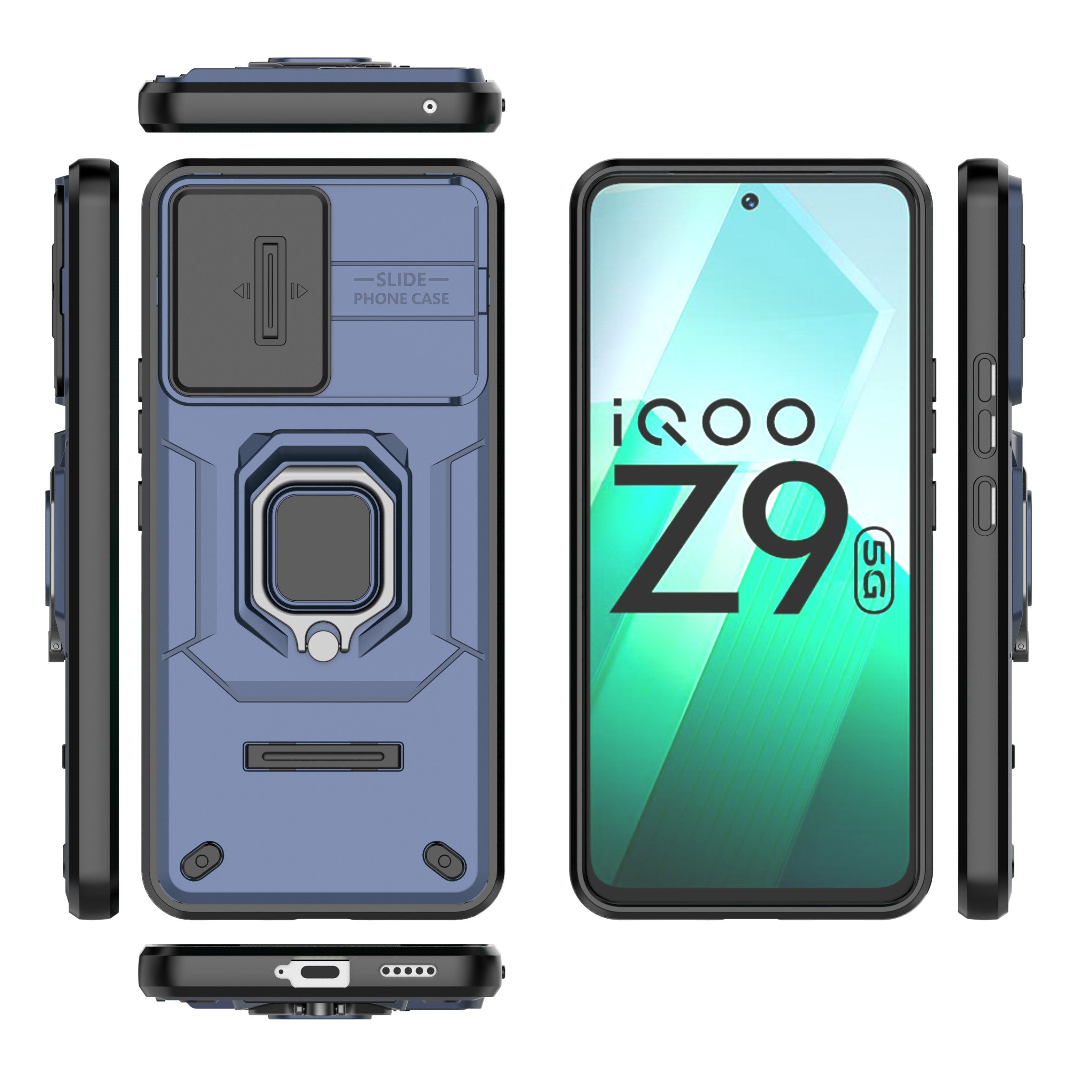 For vivo iQOO Z9 5G Camera Protection Case Kickstand Shockproof Rugged PC+TPU Phone Cover - Blue