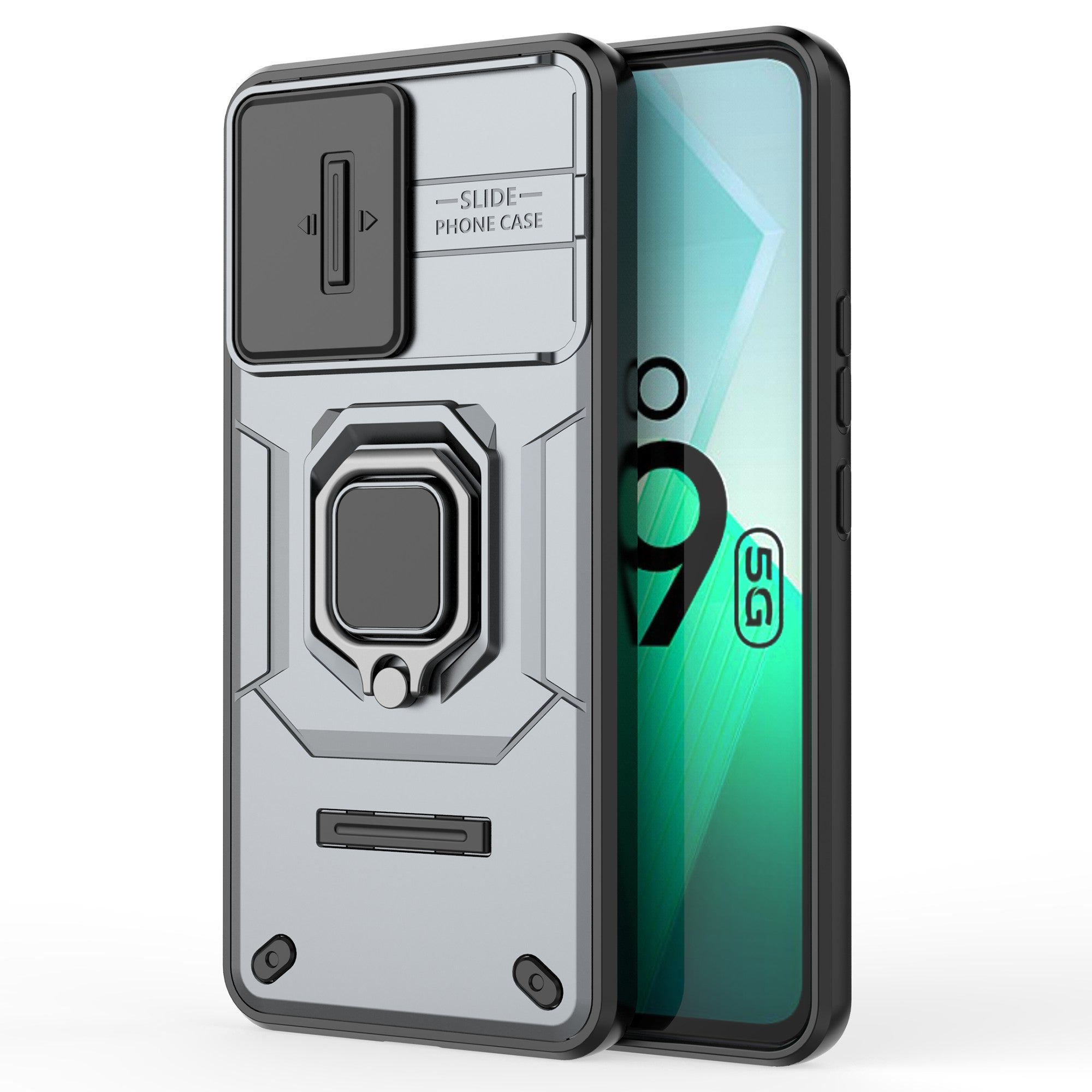 For vivo iQOO Z9 5G Camera Protection Case Kickstand Shockproof Rugged PC+TPU Phone Cover - Grey