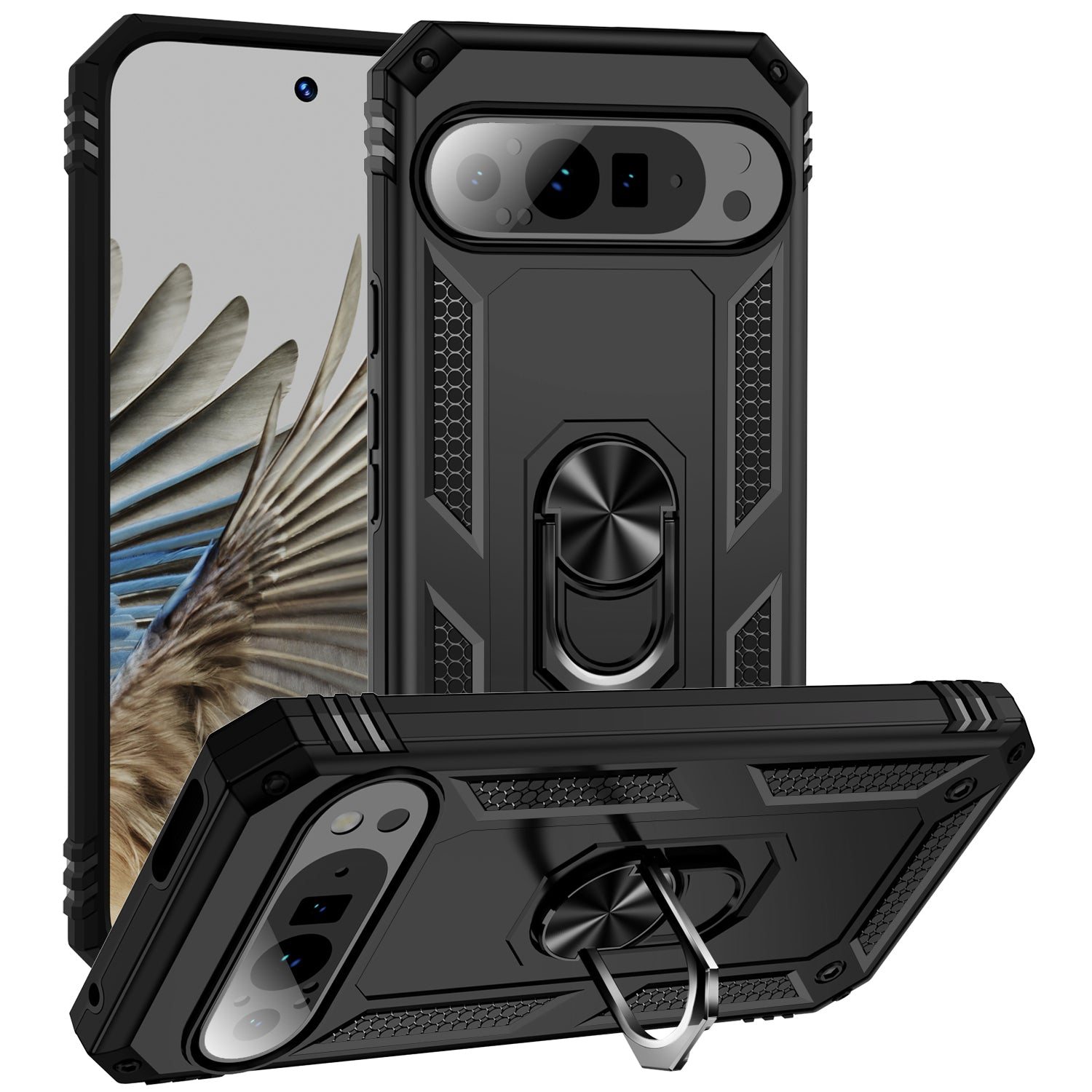 For Google Pixel 9 Pro Case Shockproof Kickstand PC+TPU Phone Cover - Black
