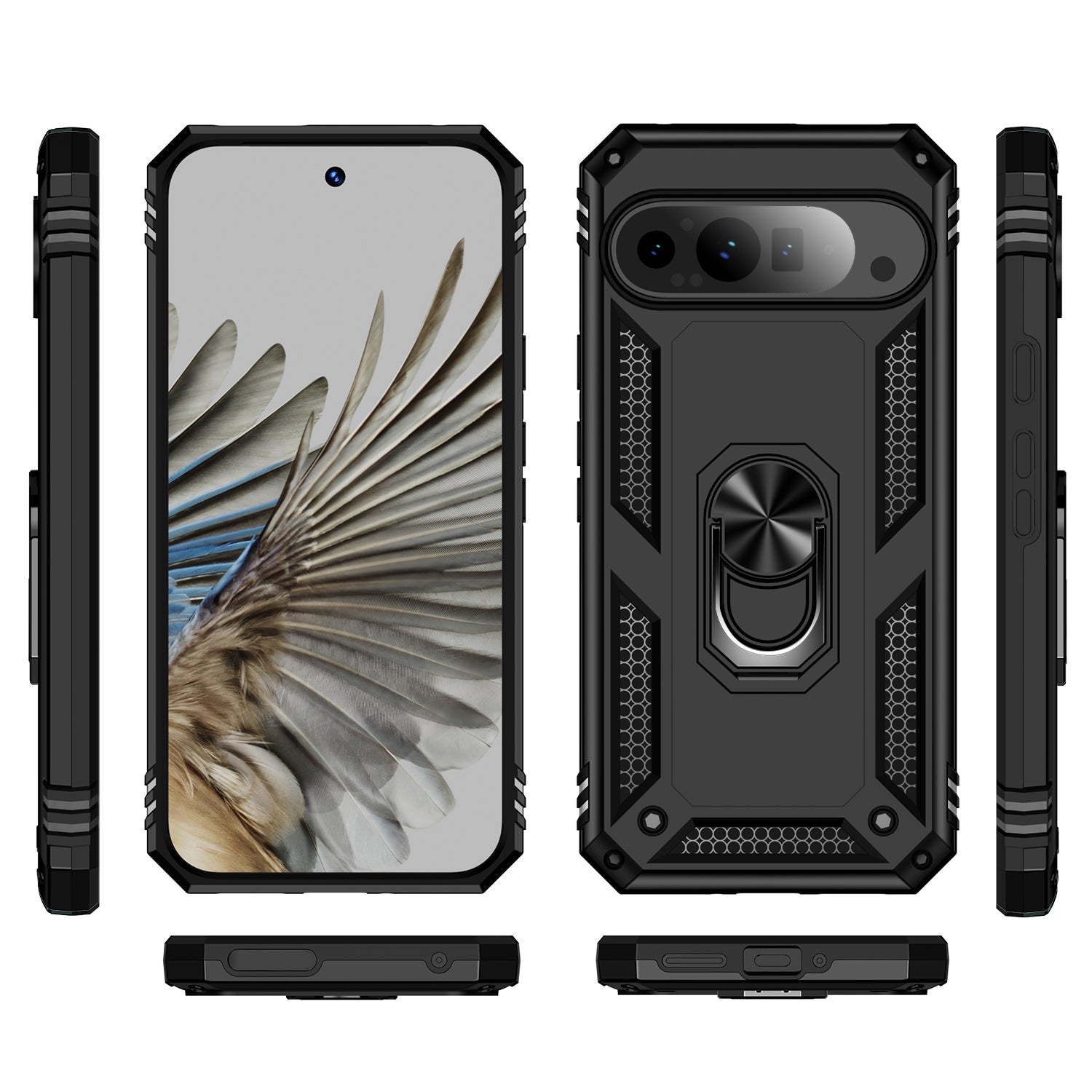 For Google Pixel 9 Pro Case Shockproof Kickstand PC+TPU Phone Cover - Black