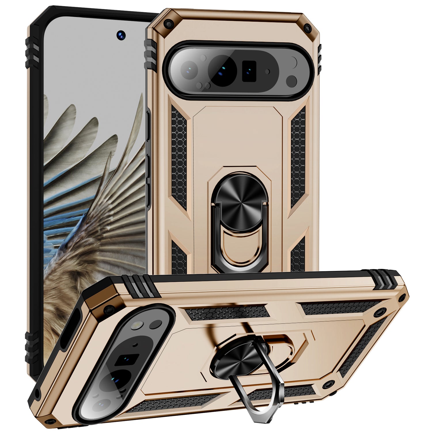 For Google Pixel 9 Pro Case Shockproof Kickstand PC+TPU Phone Cover - Gold