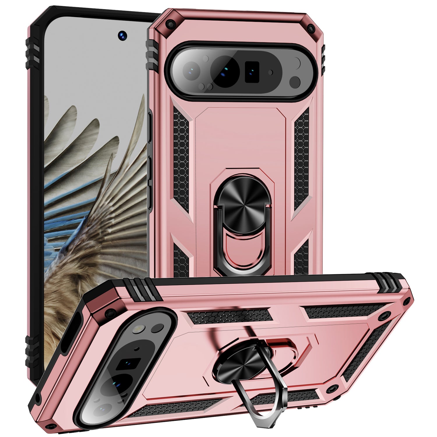 For Google Pixel 9 Pro Case Shockproof Kickstand PC+TPU Phone Cover - Rose Gold