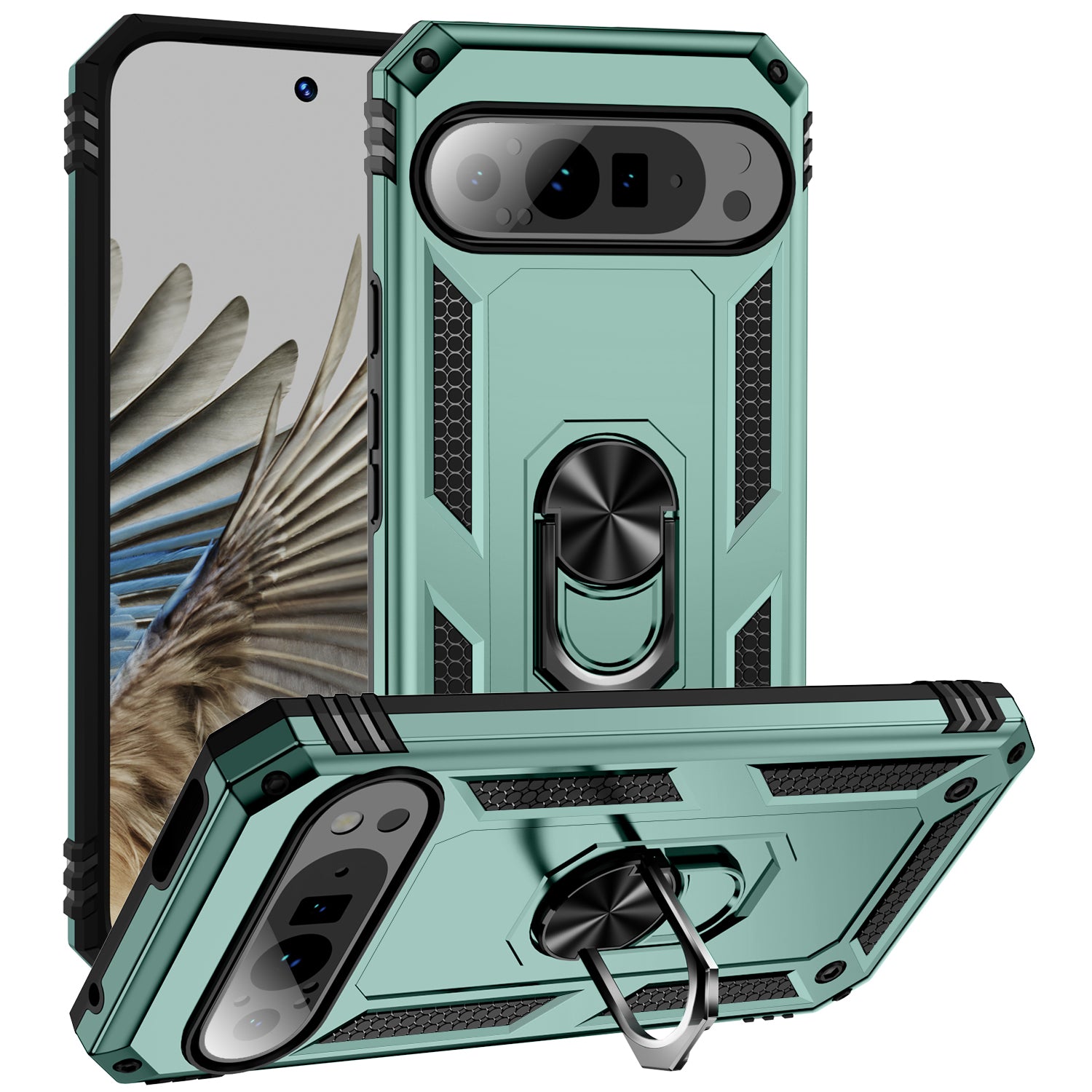 For Google Pixel 9 Pro Case Shockproof Kickstand PC+TPU Phone Cover - Blackish Green