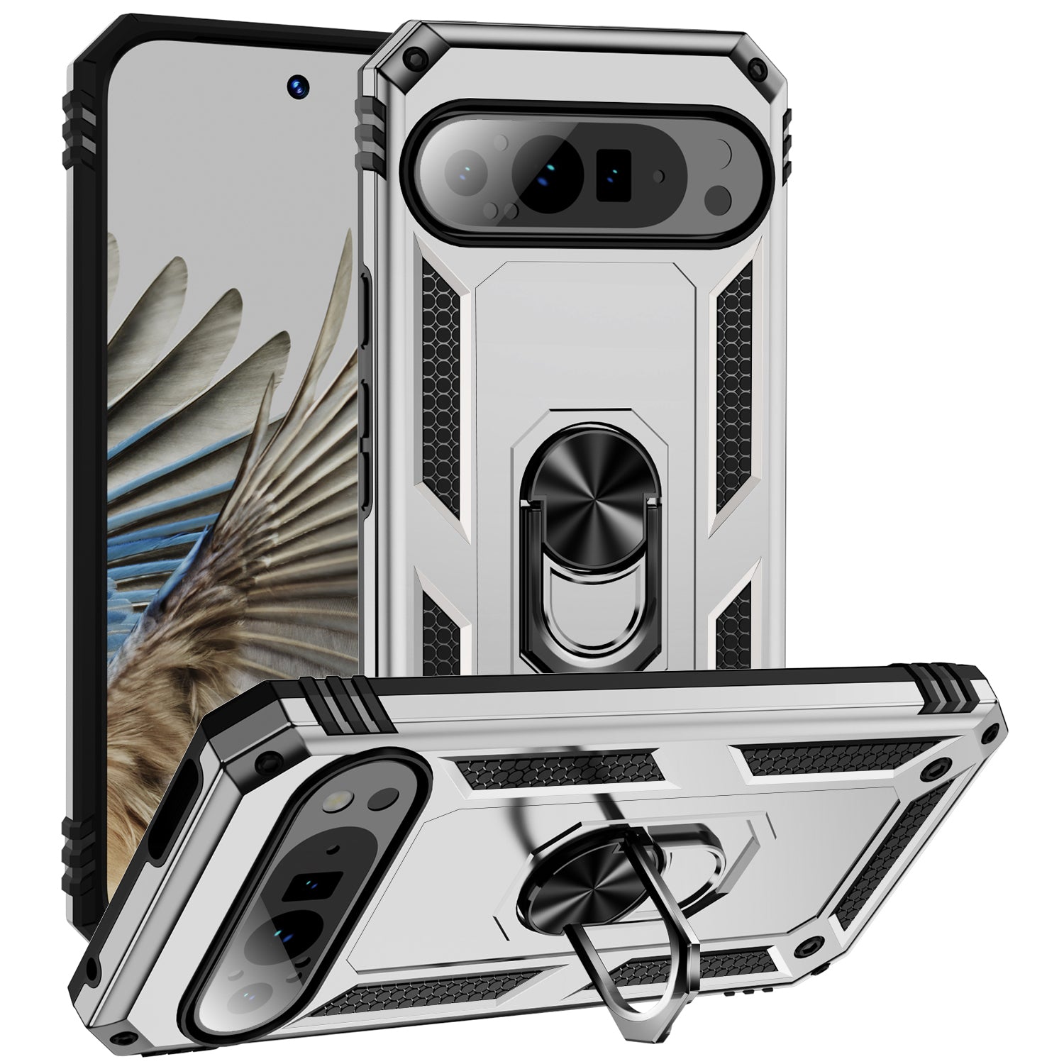 For Google Pixel 9 Pro Case Shockproof Kickstand PC+TPU Phone Cover - Silver