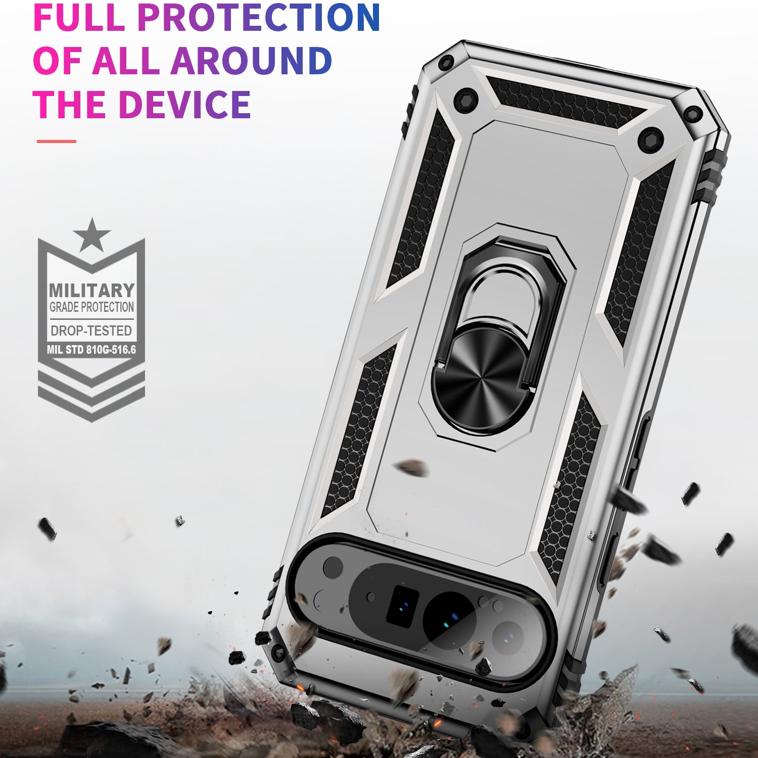 For Google Pixel 9 Pro Case Shockproof Kickstand PC+TPU Phone Cover - Silver