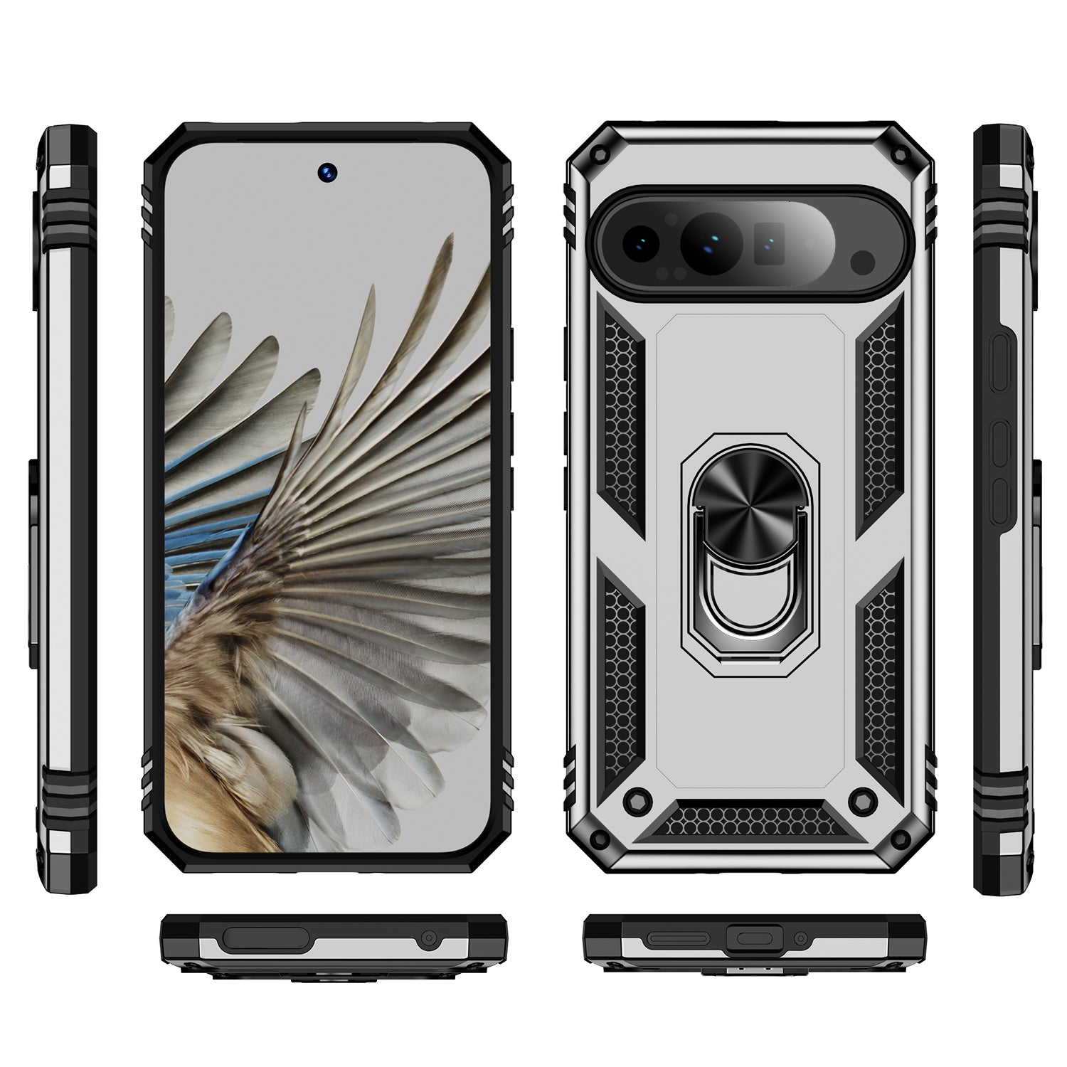 For Google Pixel 9 Pro Case Shockproof Kickstand PC+TPU Phone Cover - Silver