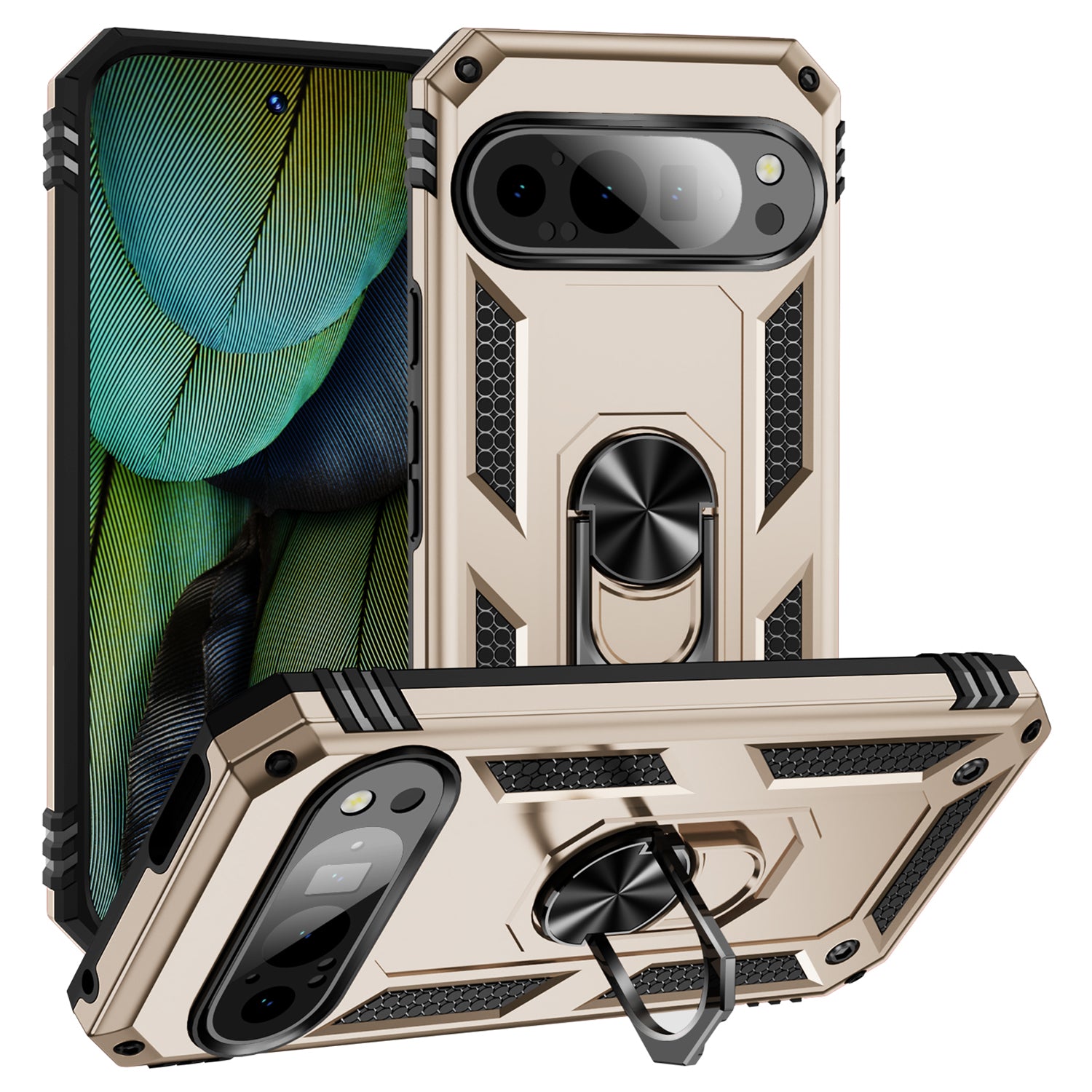 For Google Pixel 9 Case Scratch-proof PC+TPU Kickstand Phone Cover - Gold