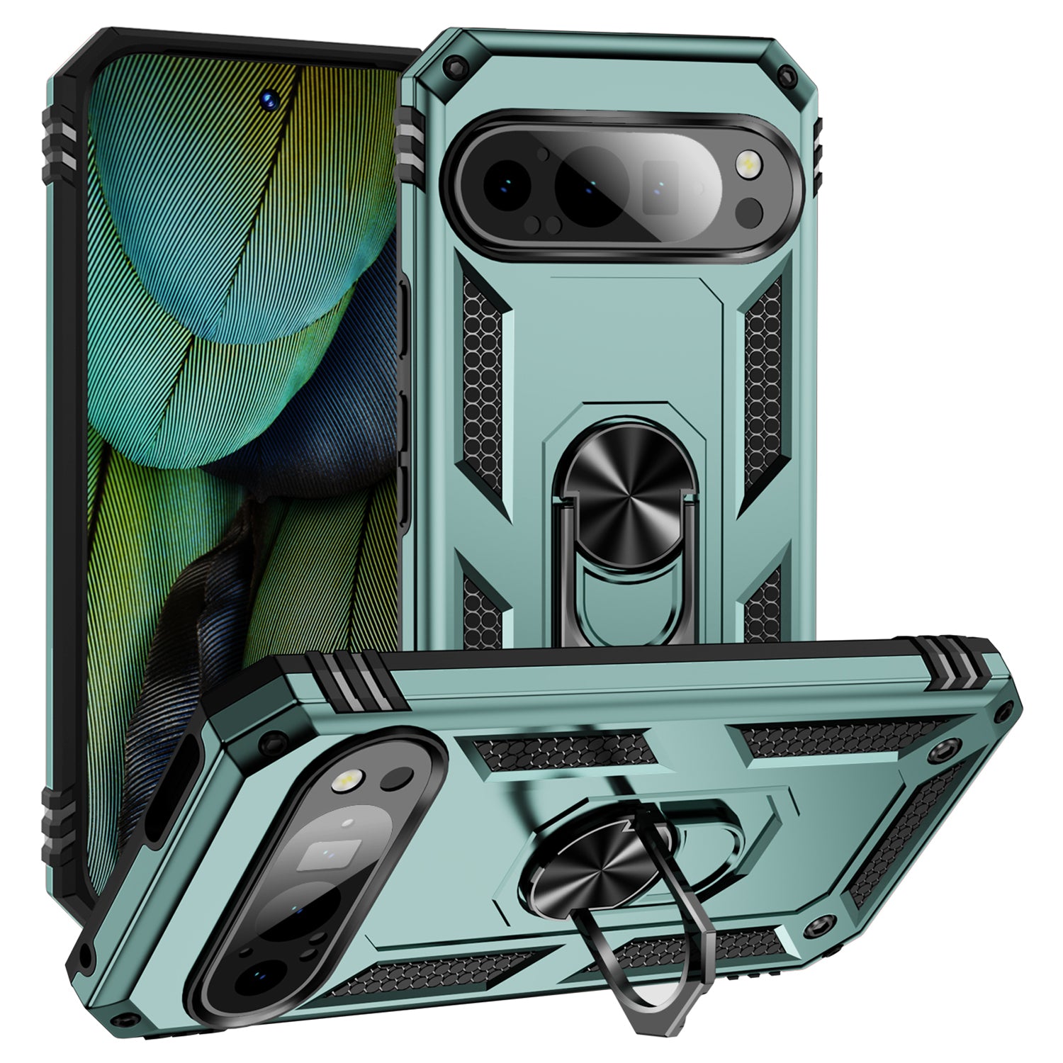 For Google Pixel 9 Case Scratch-proof PC+TPU Kickstand Phone Cover - Blackish Green
