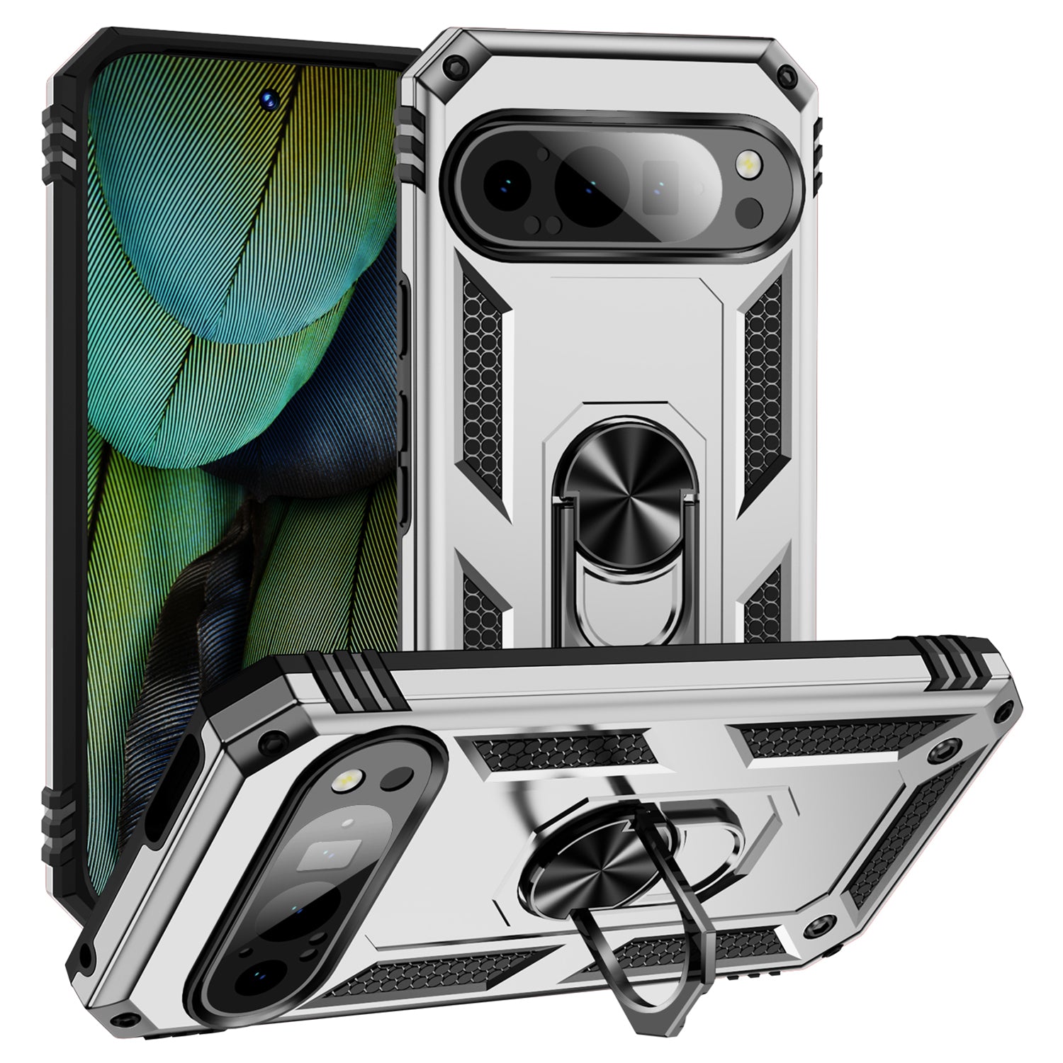 For Google Pixel 9 Case Scratch-proof PC+TPU Kickstand Phone Cover - Silver