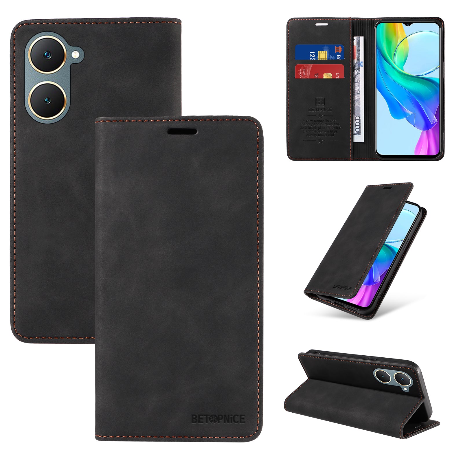 BETOPNICE 003 For vivo Y03 Case RFID Blocking Wallet Leather Flip Phone Cover - Black