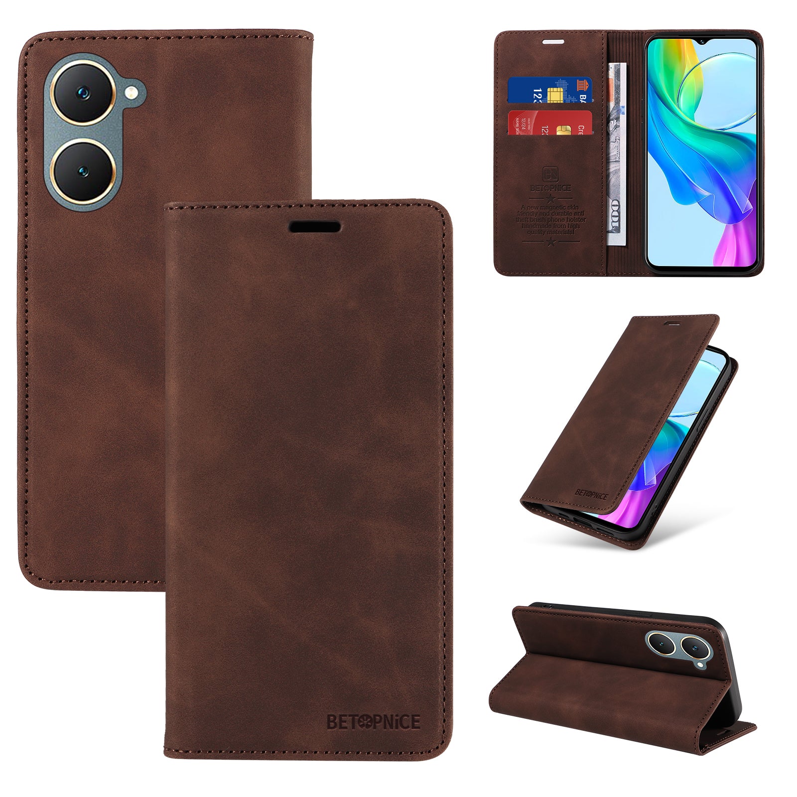 BETOPNICE 003 For vivo Y03 Case RFID Blocking Wallet Leather Flip Phone Cover - Brown