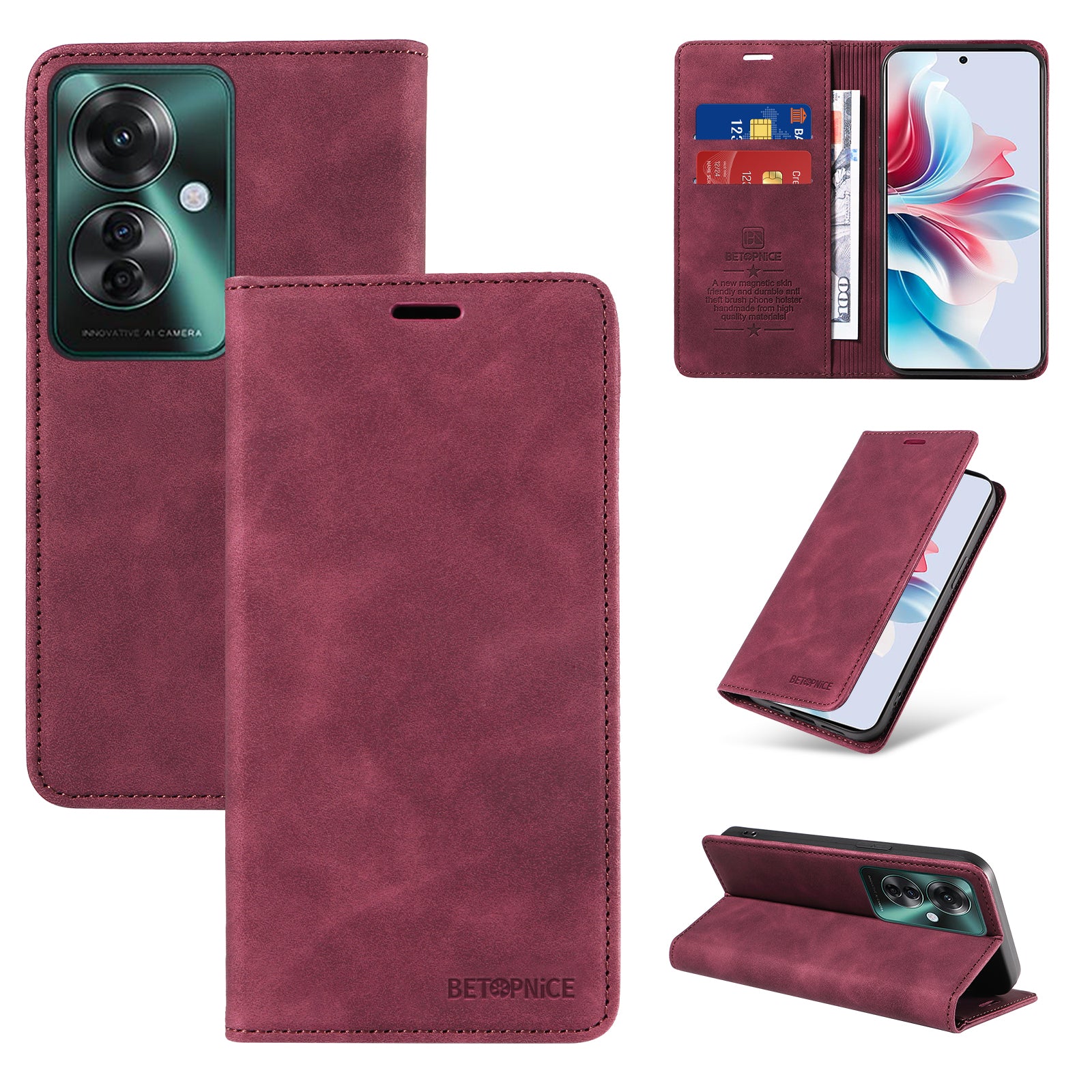 BETOPNICE 003 For Oppo Reno11 F 5G / F25 Pro 5G Case RFID Blocking Leather+TPU Wallet Phone Protector - Red