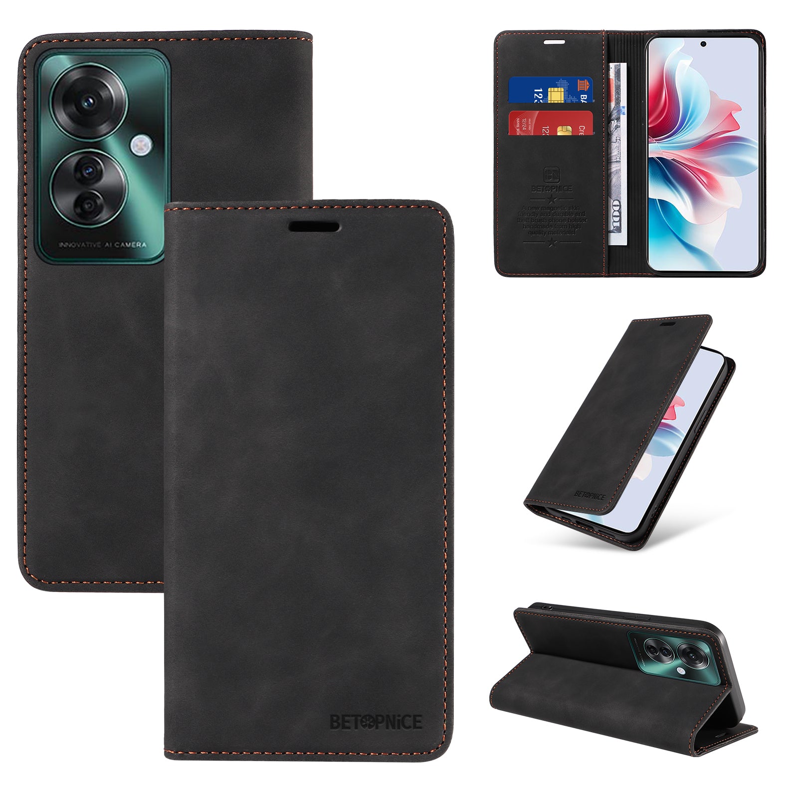 BETOPNICE 003 For Oppo Reno11 F 5G / F25 Pro 5G Case RFID Blocking Leather+TPU Wallet Phone Protector - Black
