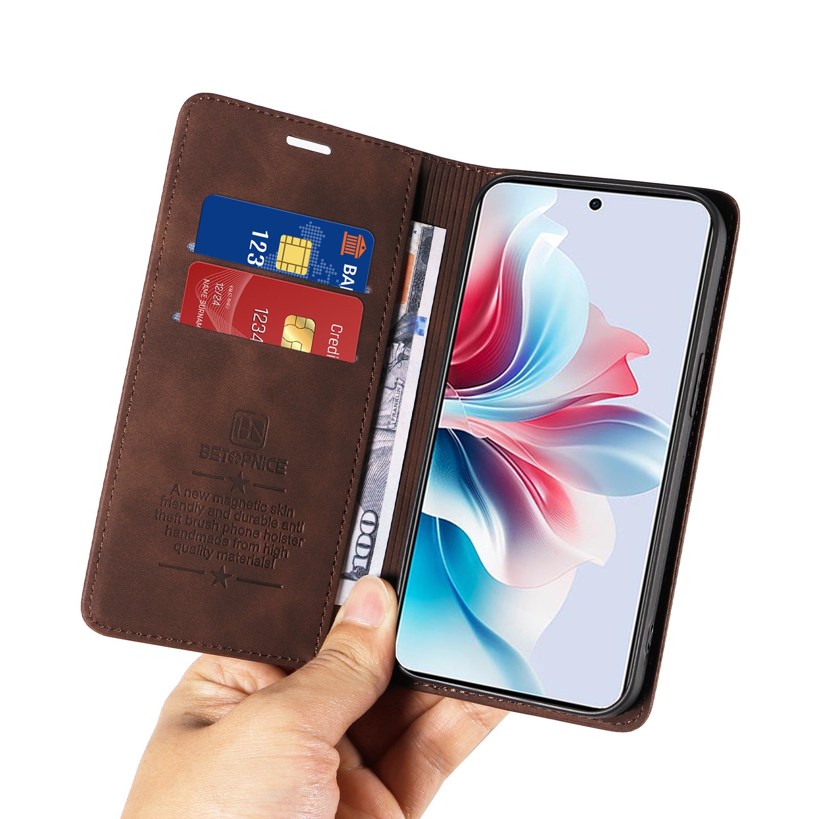 BETOPNICE 003 For Oppo Reno11 F 5G / F25 Pro 5G Case RFID Blocking Leather+TPU Wallet Phone Protector - Brown
