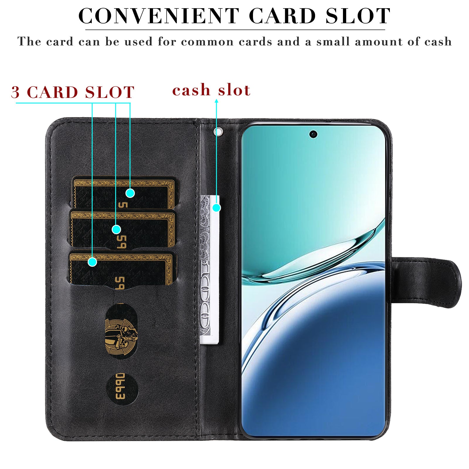 For Oppo A3 Pro 5G Case Calf Texture Zipper Pocket Stand Cell Phone Cover - Black