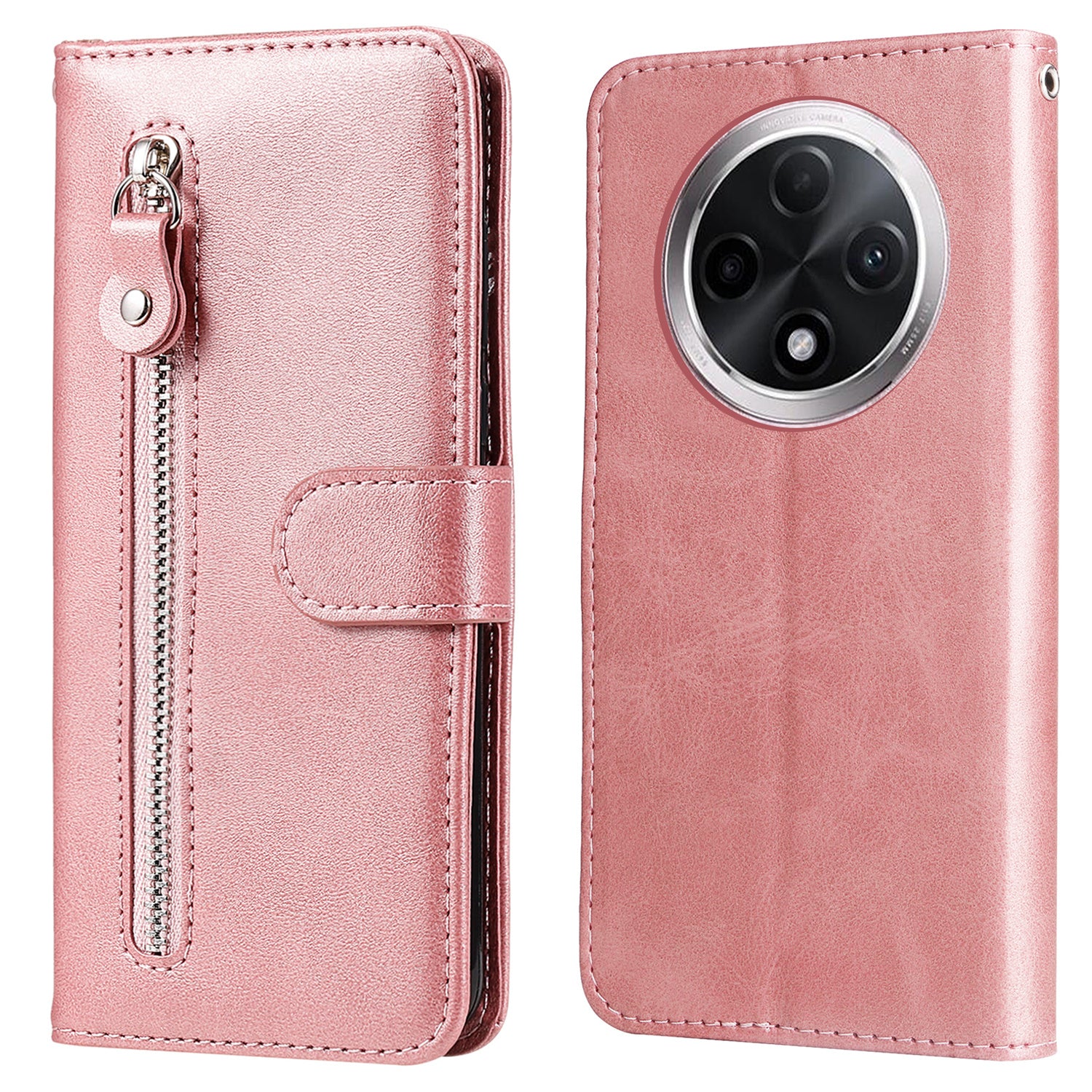 For Oppo A3 Pro 5G Case Calf Texture Zipper Pocket Stand Cell Phone Cover - Pink
