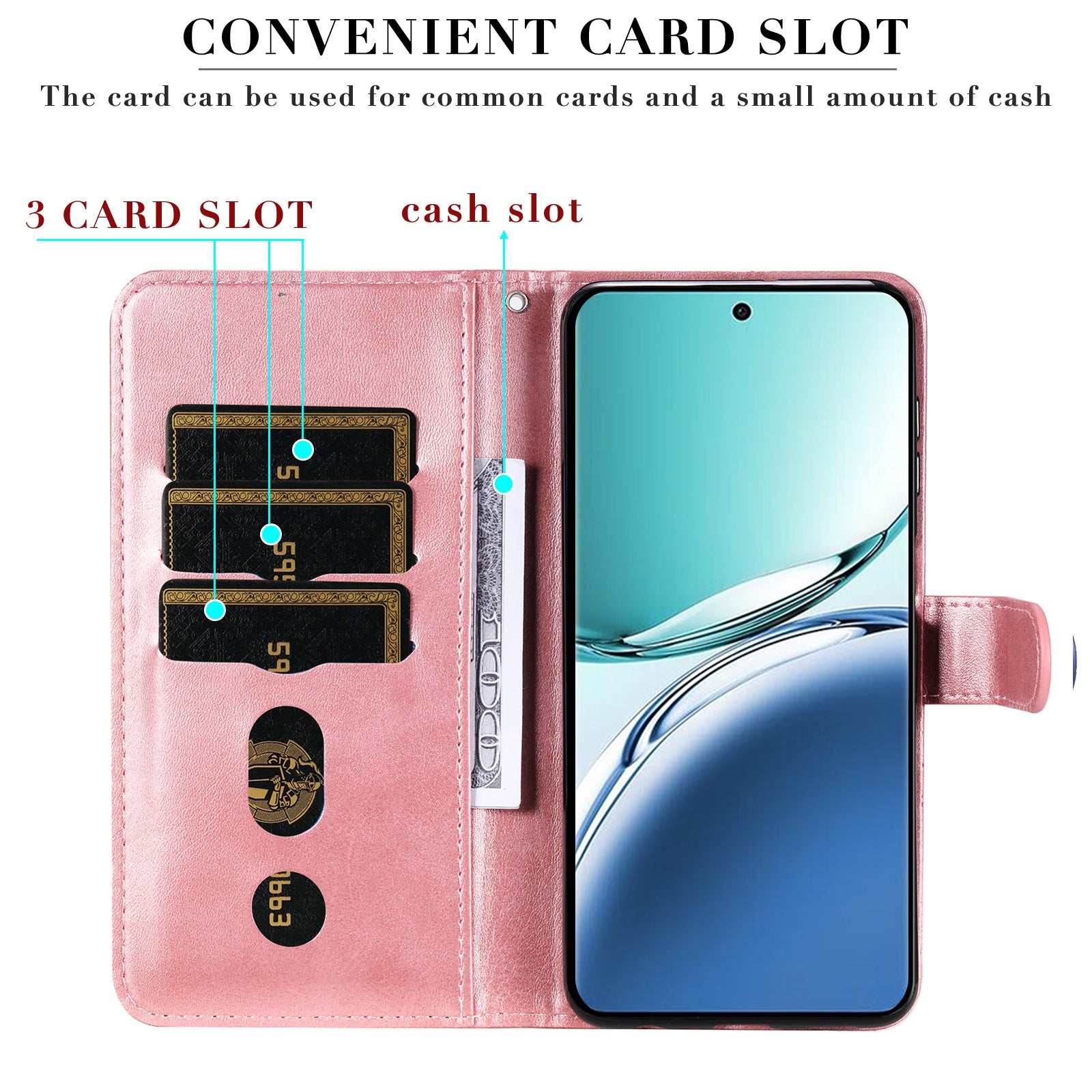For Oppo A3 Pro 5G Case Calf Texture Zipper Pocket Stand Cell Phone Cover - Pink