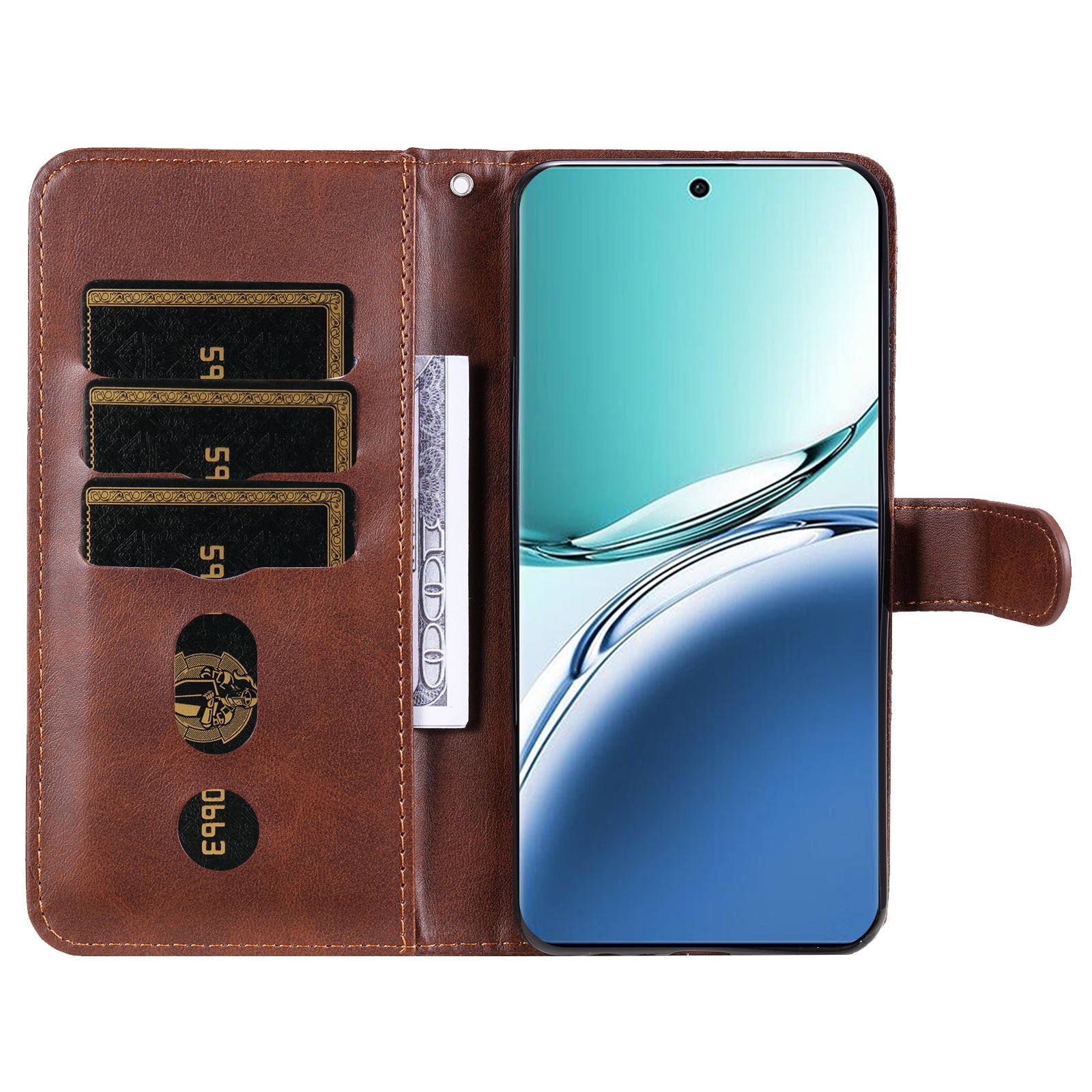 For Oppo A3 Pro 5G Case Calf Texture Zipper Pocket Stand Cell Phone Cover - Brown