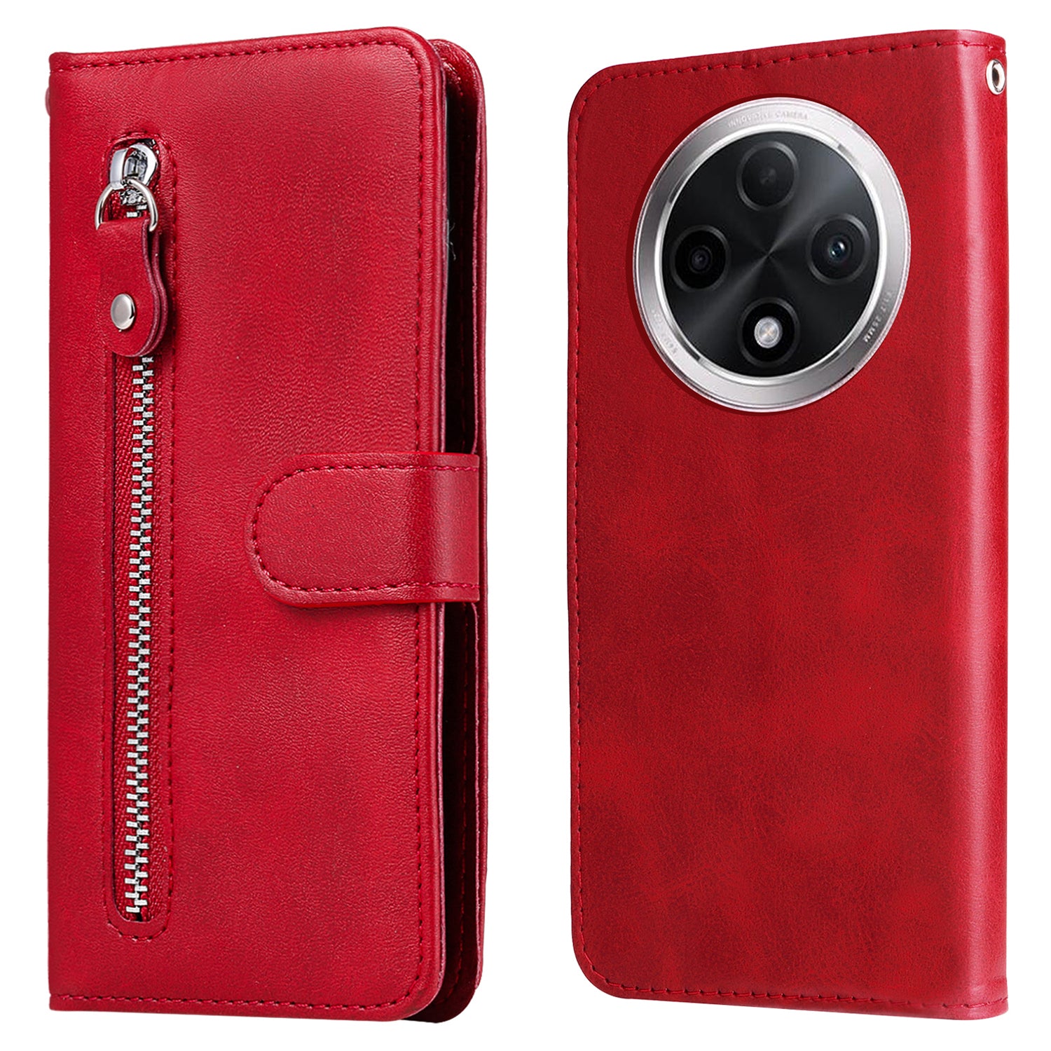 For Oppo A3 Pro 5G Case Calf Texture Zipper Pocket Stand Cell Phone Cover - Red