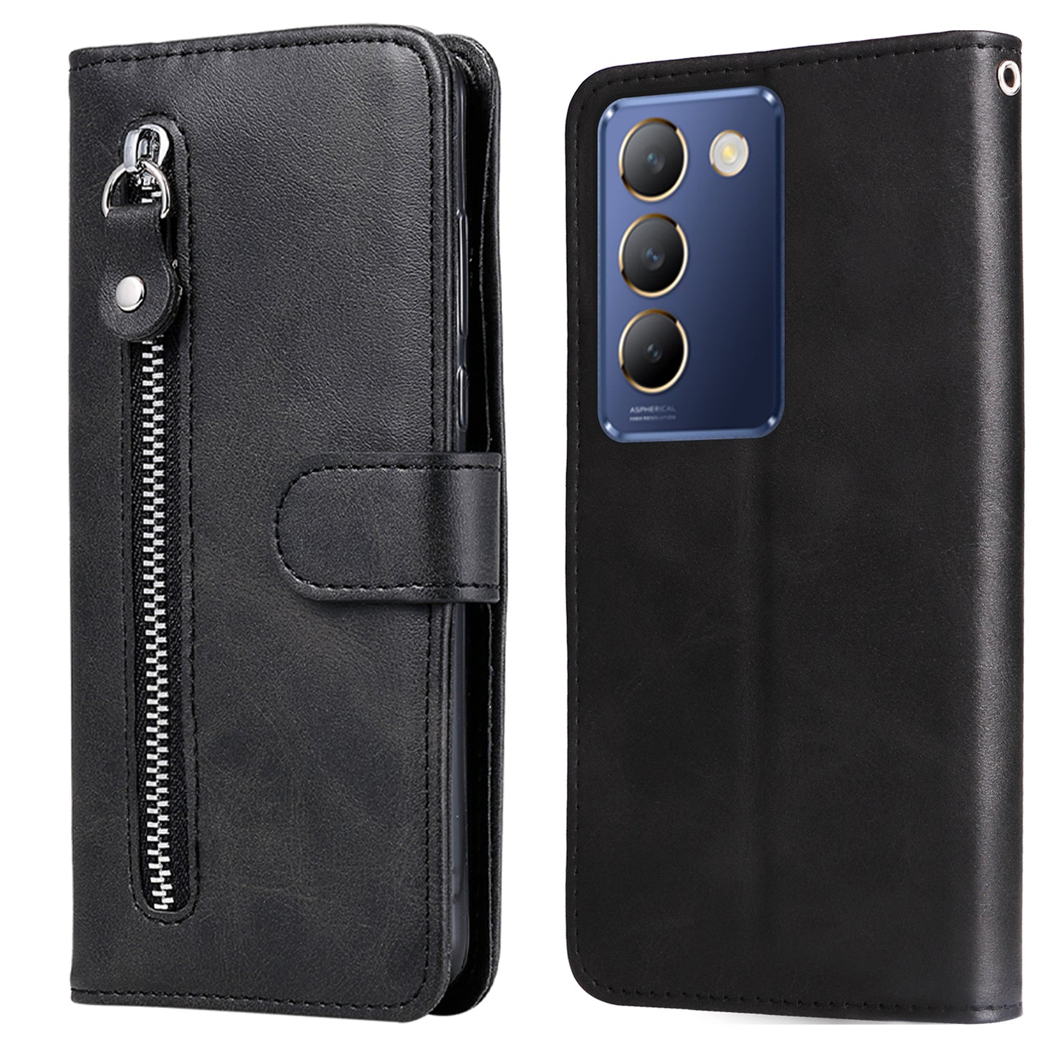 For vivo Y100 5G (Indonesia) / Y200e 5G / T3 5G / V30 Lite 4G Case Zipper Wallet Leather Phone Cover - Black