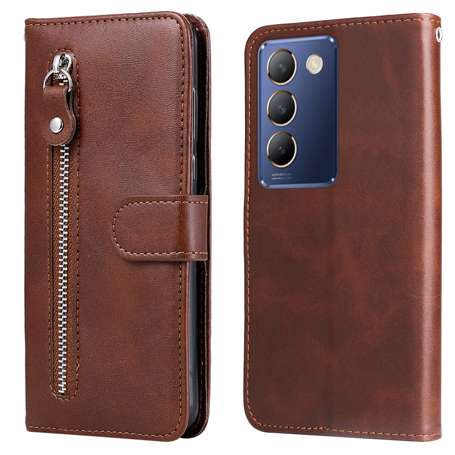 For vivo Y100 5G (Indonesia) / Y200e 5G / T3 5G / V30 Lite 4G Case Zipper Wallet Leather Phone Cover - Brown