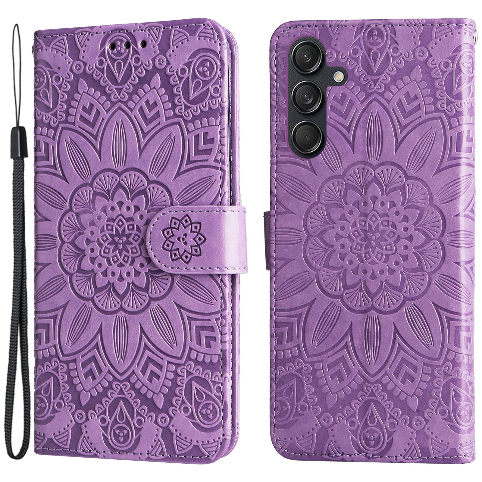 For Samsung Galaxy M55 5G Leather Case Wallet Stand Sunflower Phone Cover - Purple