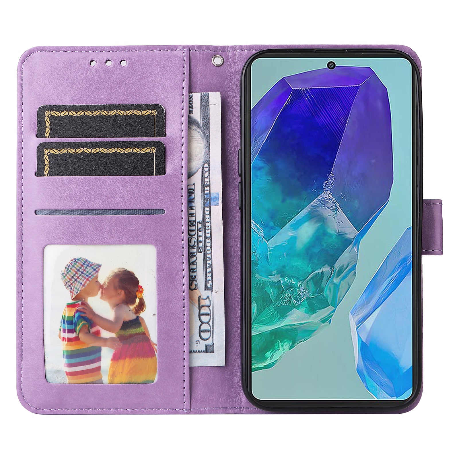 For Samsung Galaxy M55 5G Leather Case Wallet Stand Sunflower Phone Cover - Purple