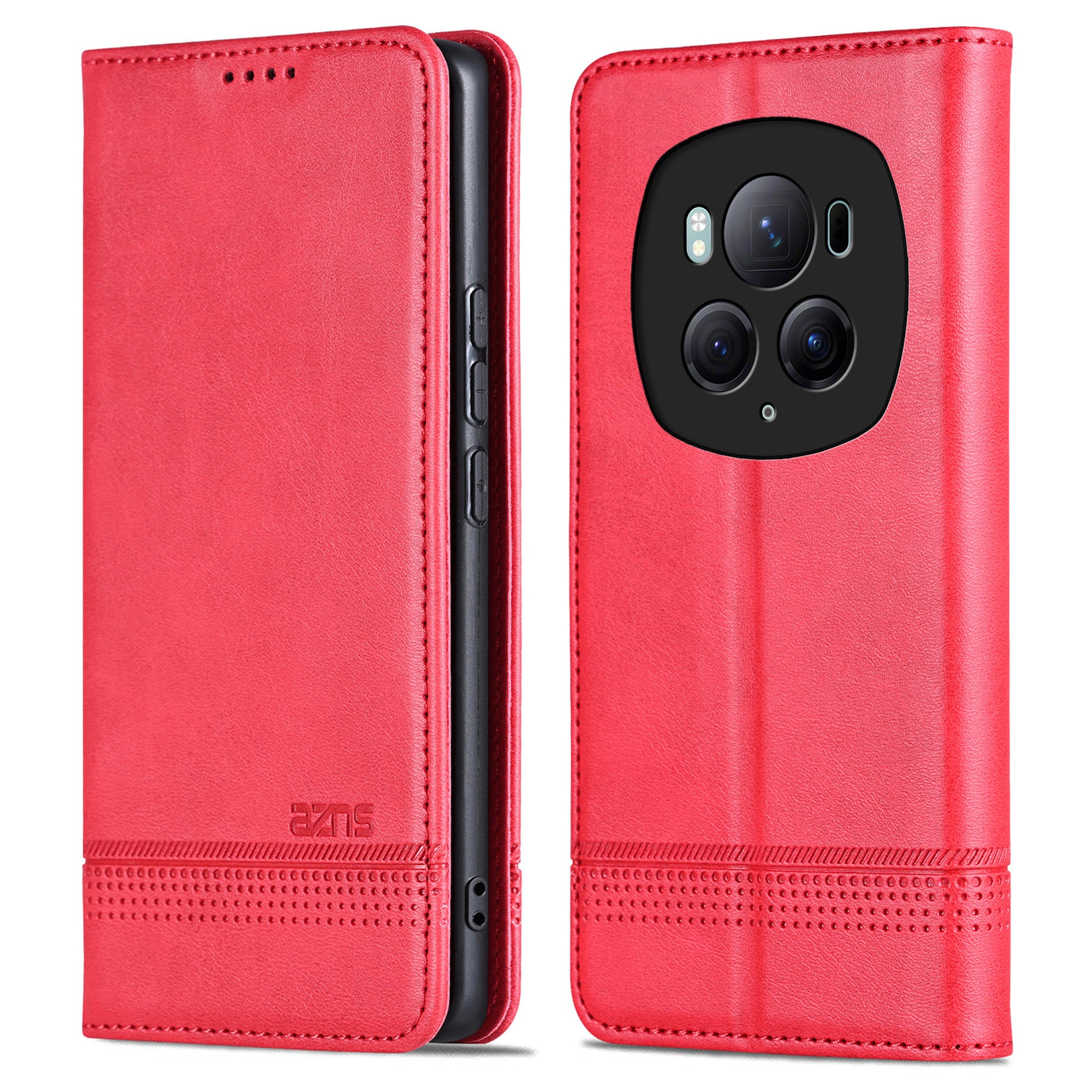 AZNS For Honor Magic6 Pro 5G Magnetic Case Cowhide Texture Leather Phone Stand Cover - Red