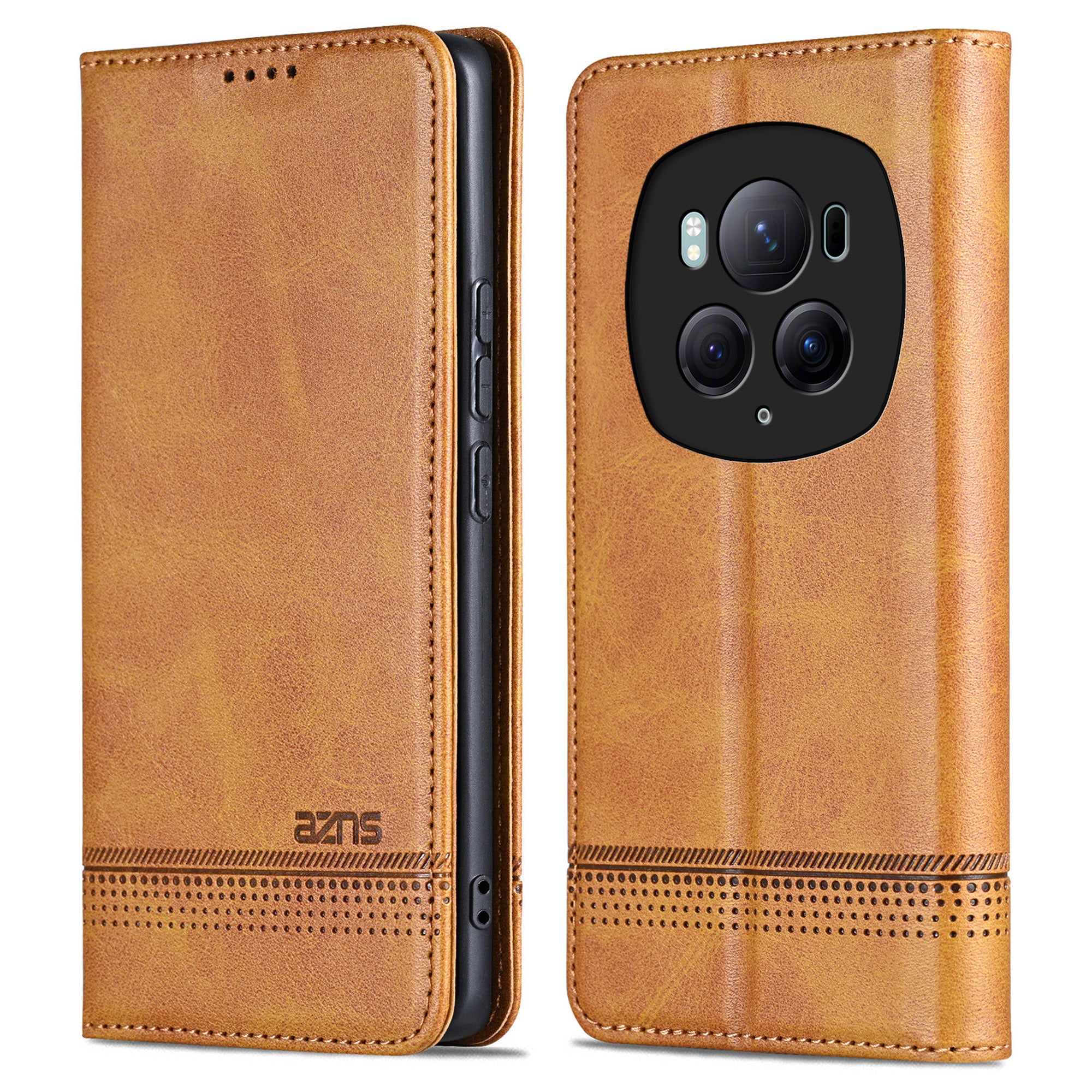 AZNS For Honor Magic6 Pro 5G Magnetic Case Cowhide Texture Leather Phone Stand Cover - Brown