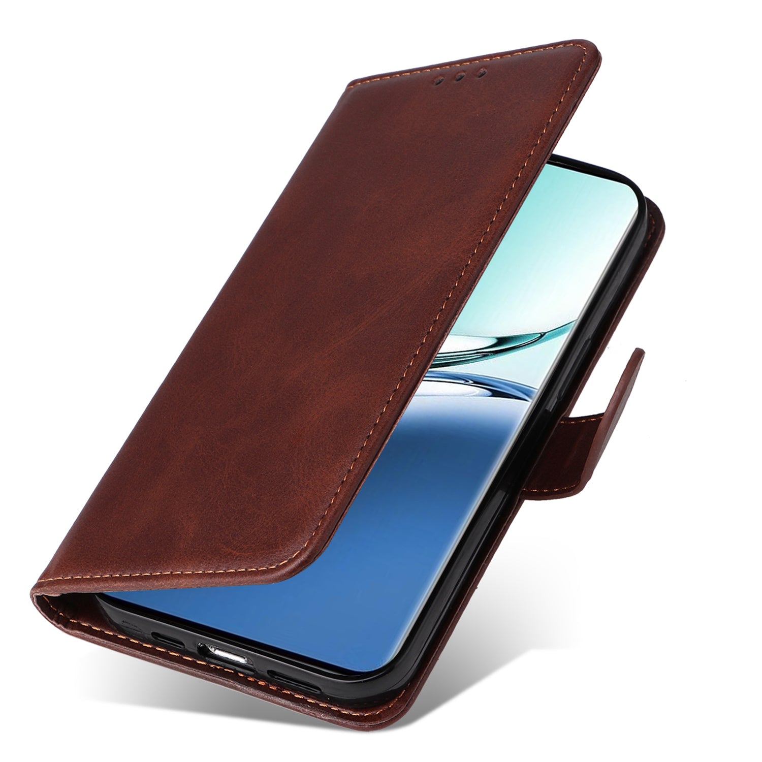 For Oppo A3 Pro 5G Case Leather Viewing Stand Mobile Phone Cover with Wrist Strap - Brown