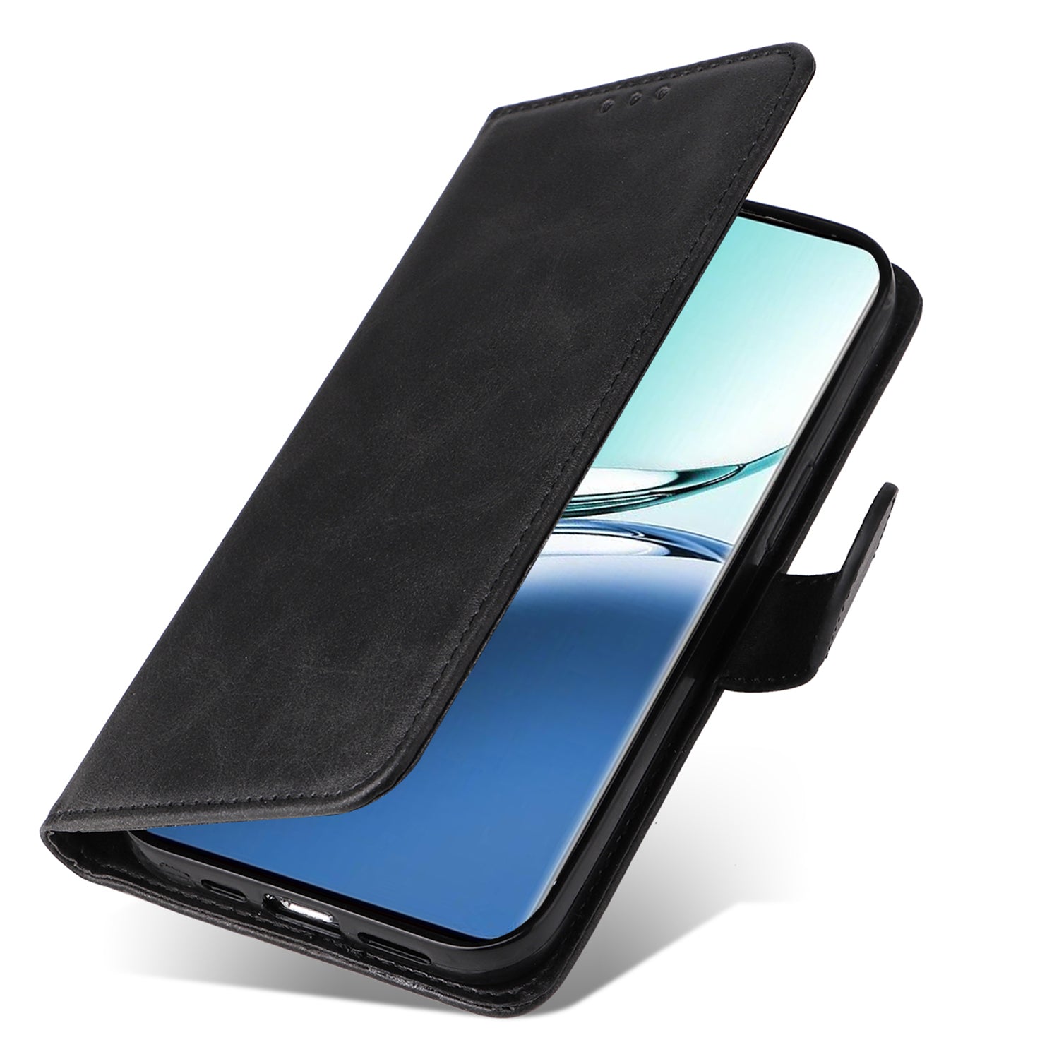 For Oppo A3 Pro 5G Case Leather Viewing Stand Mobile Phone Cover with Wrist Strap - Black