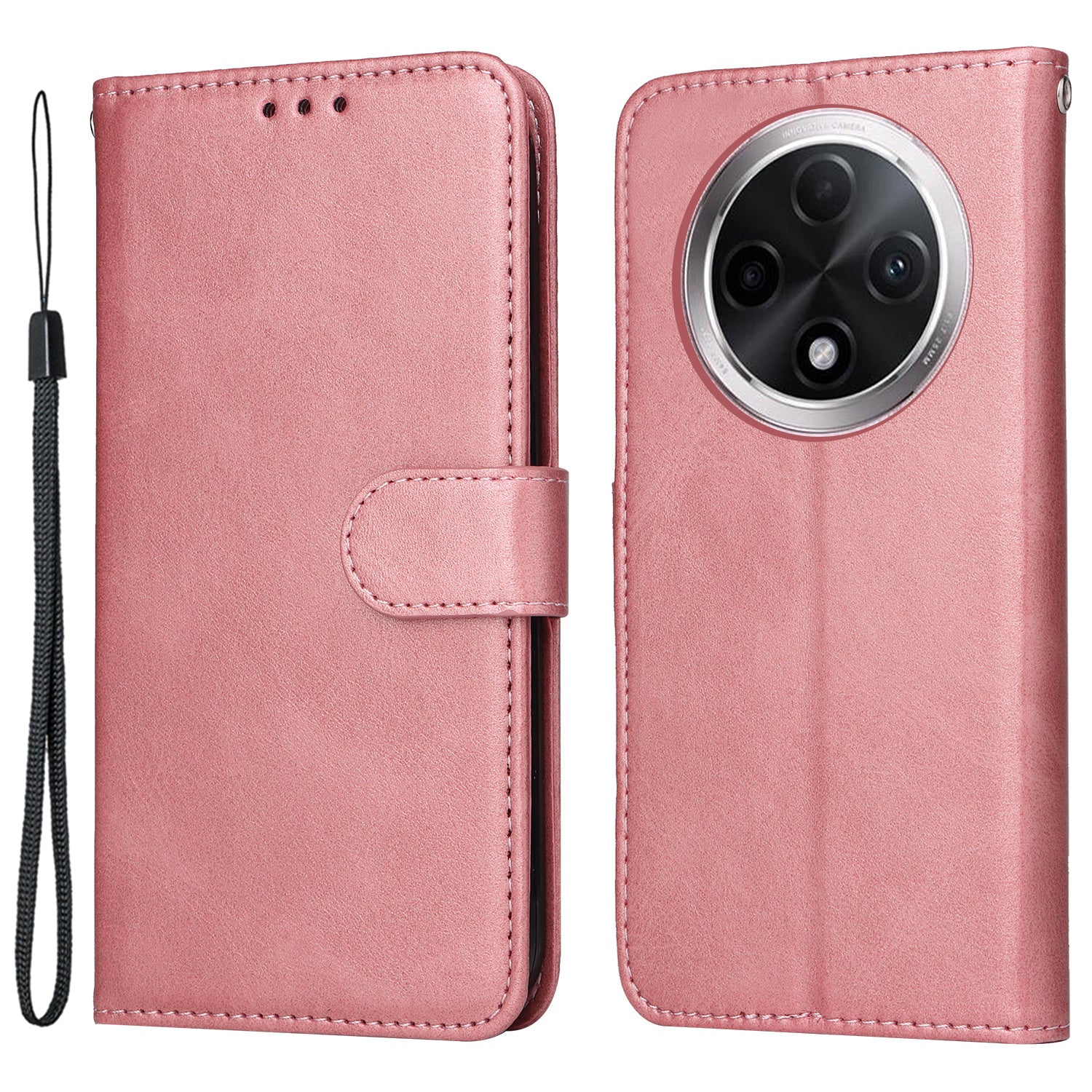 For Oppo A3 Pro 5G Case Leather Viewing Stand Mobile Phone Cover with Wrist Strap - Pink