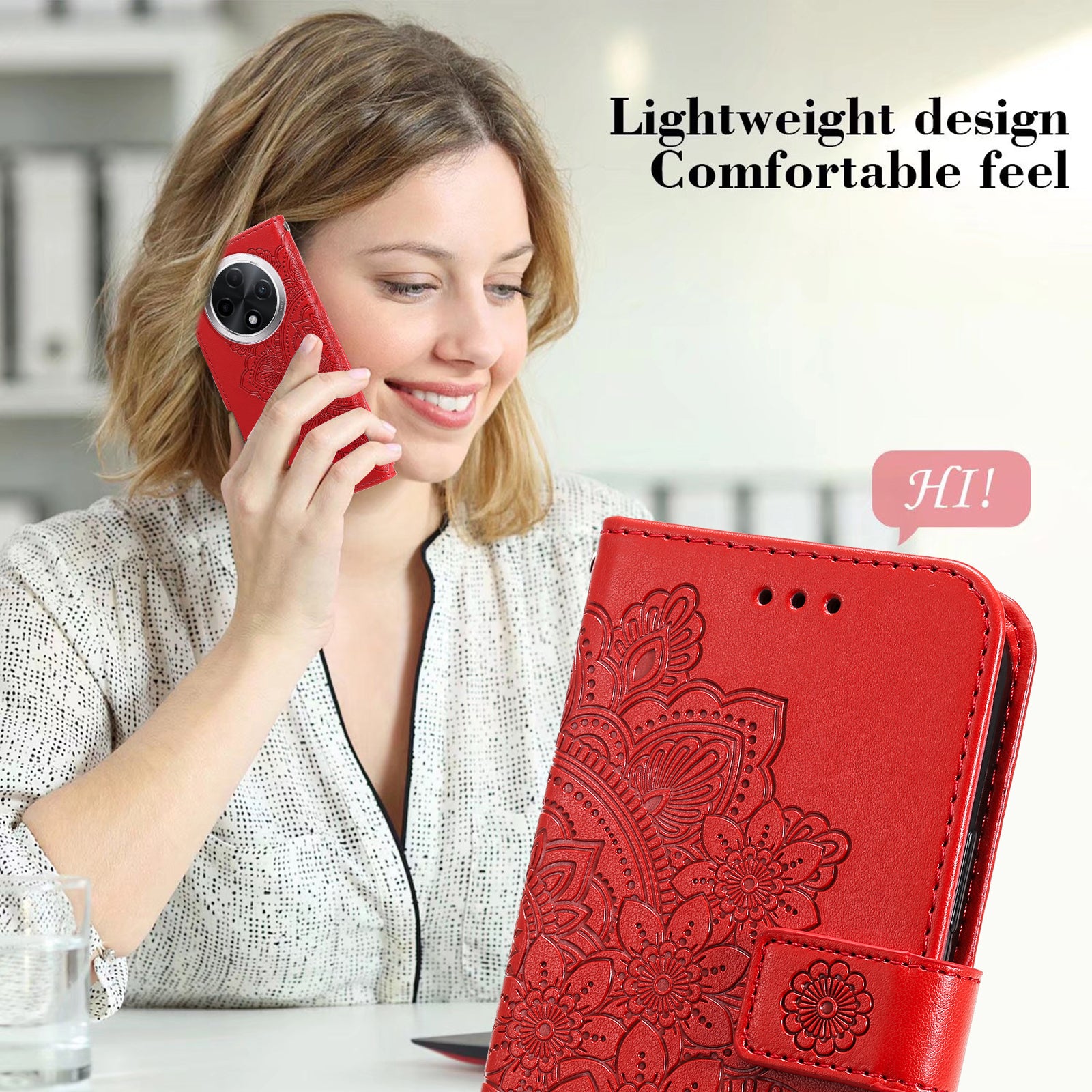 For Oppo A3 Pro 5G Wallet Case Flower Pattern PU Leather Phone Cover with Magnetic Clasp - Red