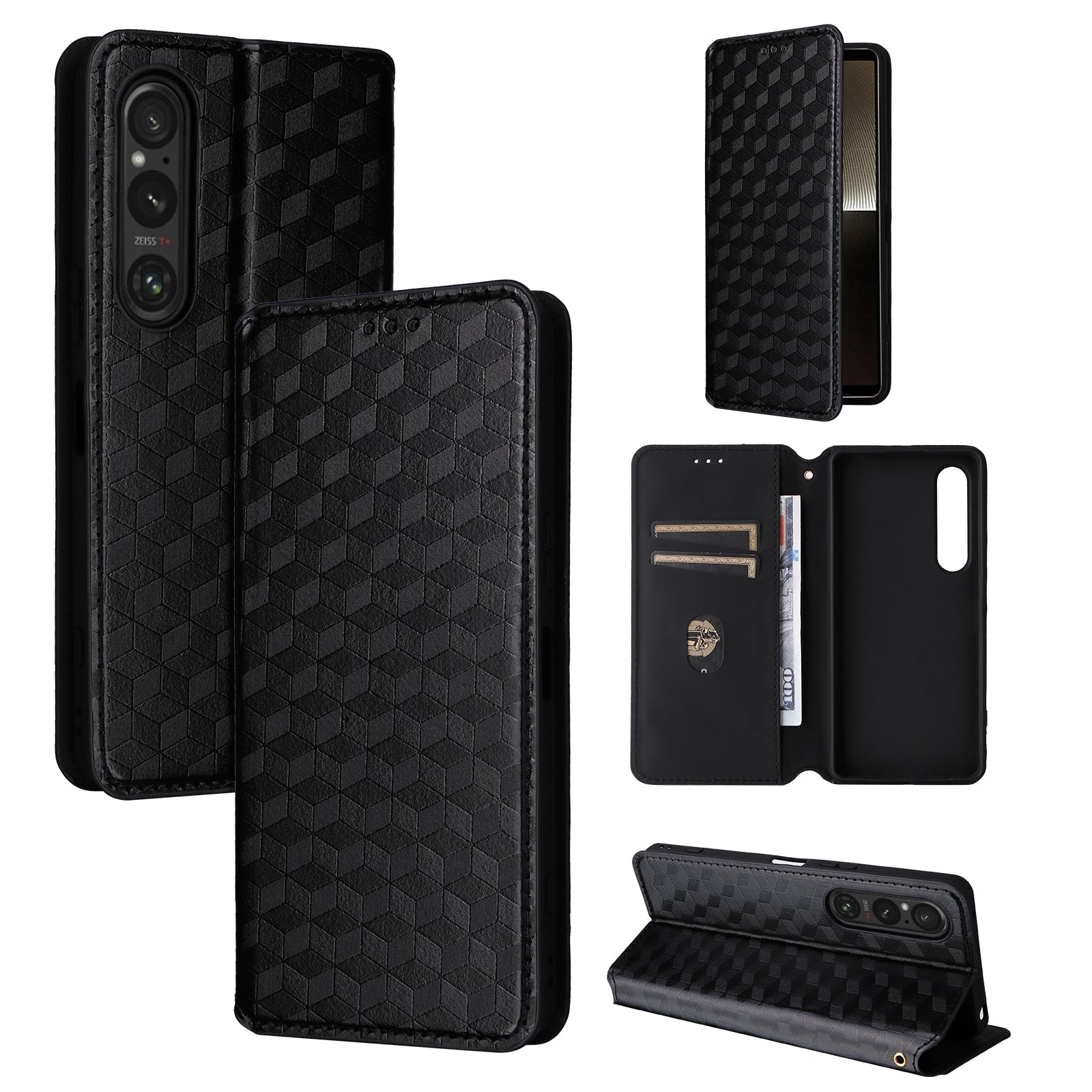 For Sony Xperia 1 VI Case Rhombus Pattern Magnetic Closing Leather Wallet Phone Cover - Black