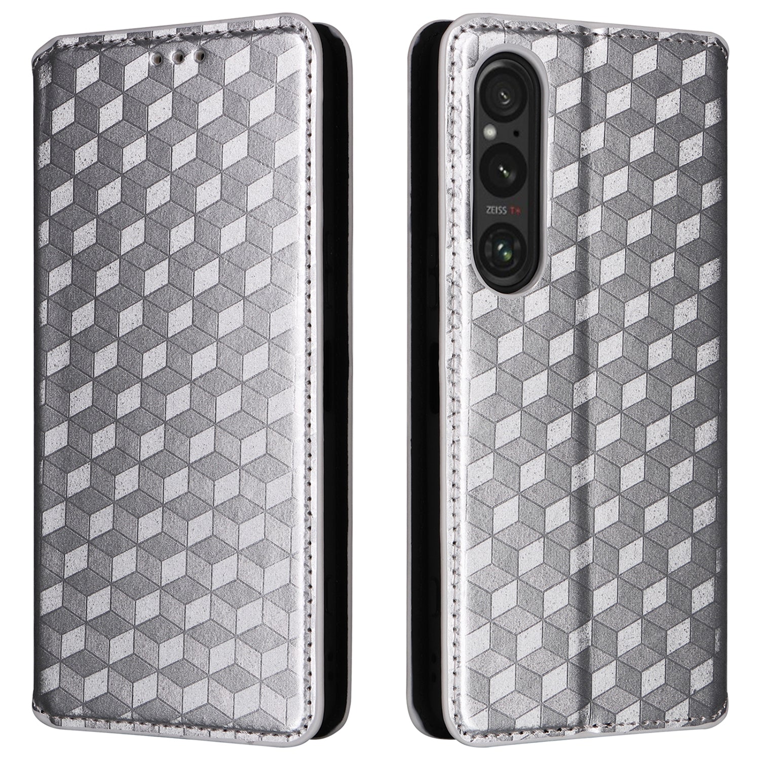 For Sony Xperia 1 VI Case Rhombus Pattern Magnetic Closing Leather Wallet Phone Cover - Silver