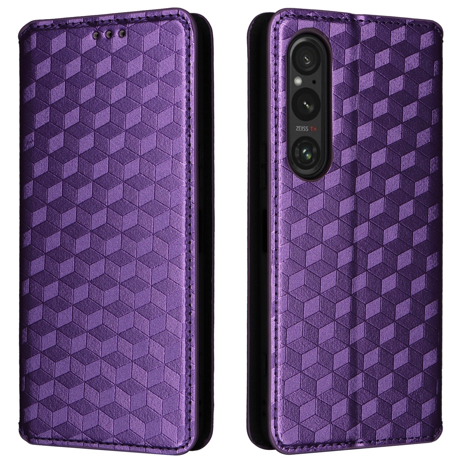 For Sony Xperia 1 VI Case Rhombus Pattern Magnetic Closing Leather Wallet Phone Cover - Purple