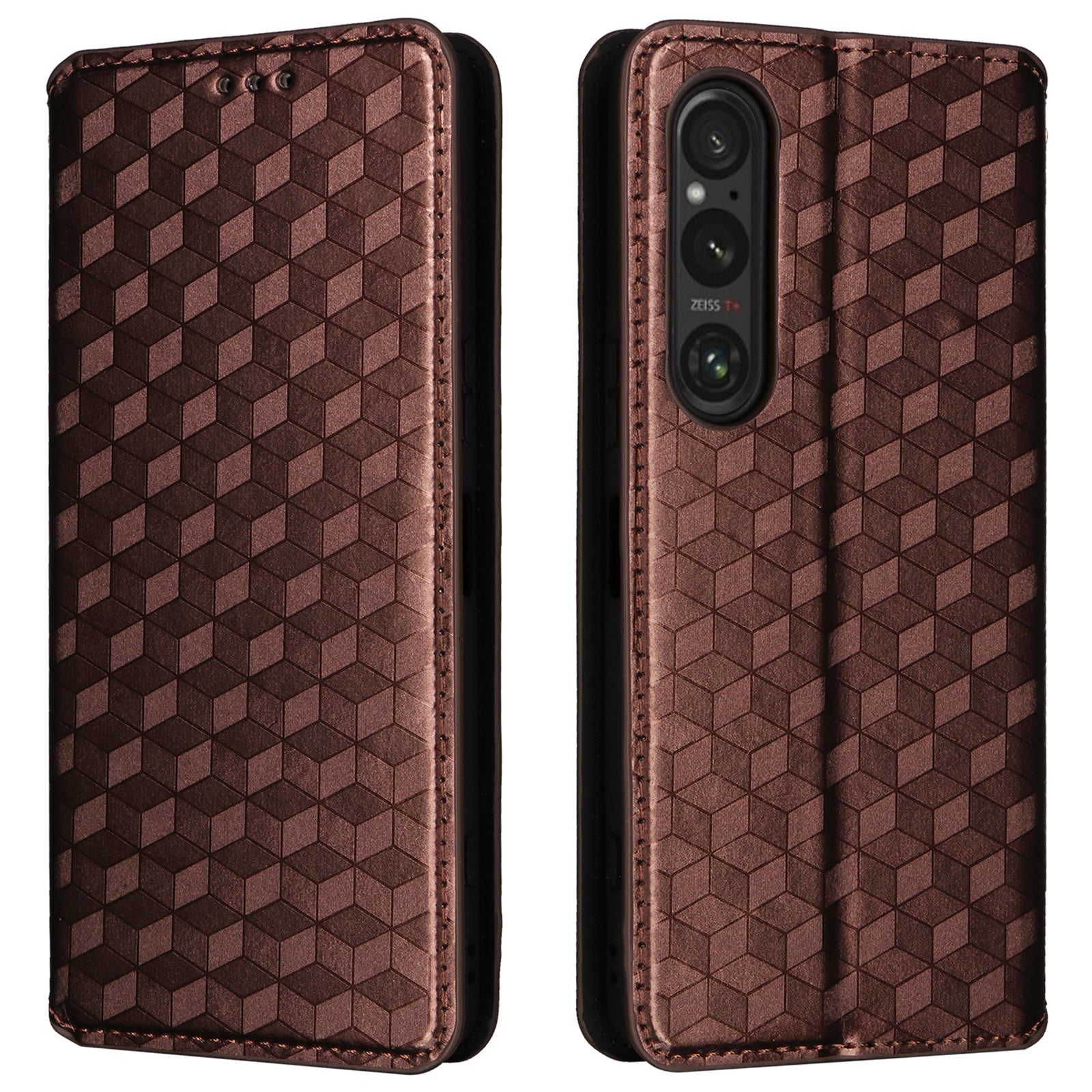 For Sony Xperia 1 VI Case Rhombus Pattern Magnetic Closing Leather Wallet Phone Cover - Brown