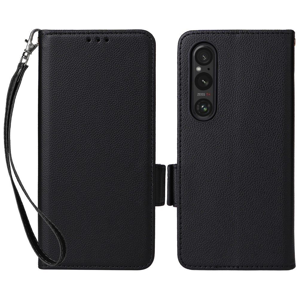 For Sony Xperia 1 VI Case with Hand Strap Litchi Texture Stand Phone Cover - Black
