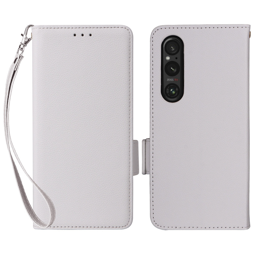 For Sony Xperia 1 VI Case with Hand Strap Litchi Texture Stand Phone Cover - White