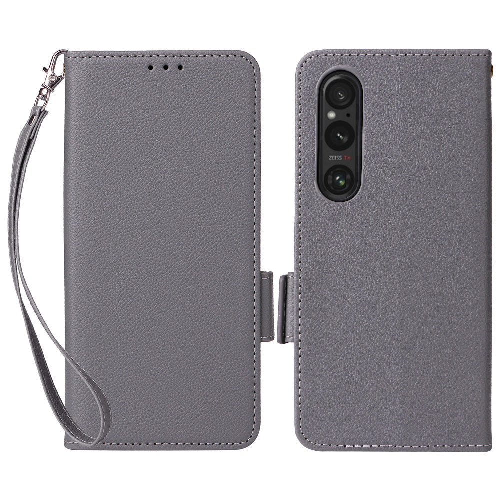 For Sony Xperia 1 VI Case with Hand Strap Litchi Texture Stand Phone Cover - Grey