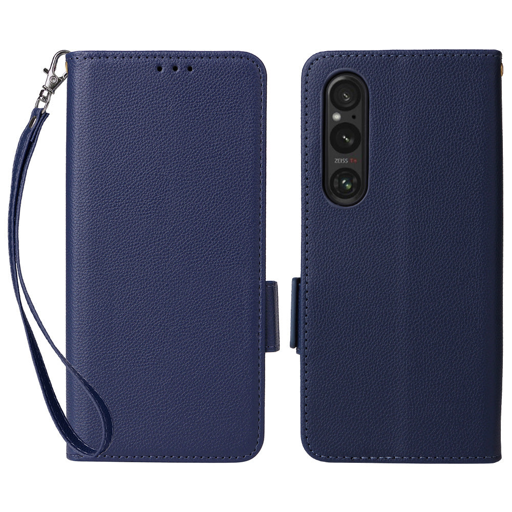 For Sony Xperia 1 VI Case with Hand Strap Litchi Texture Stand Phone Cover - Dark Blue