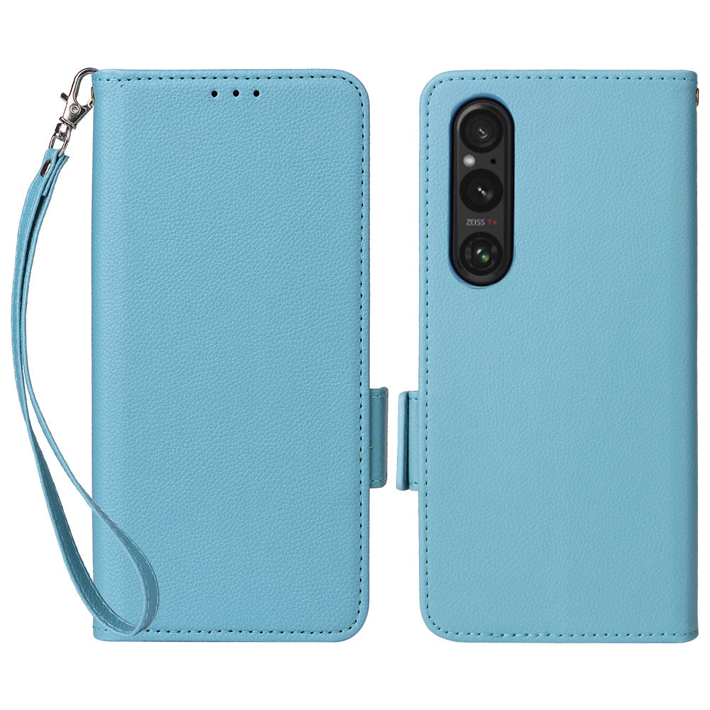 For Sony Xperia 1 VI Case with Hand Strap Litchi Texture Stand Phone Cover - Baby Blue